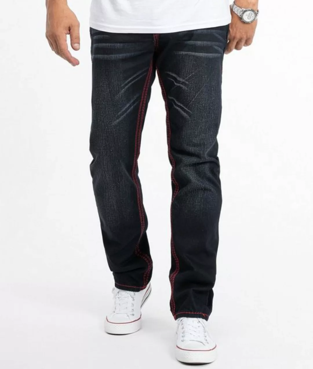 Rock Creek Straight-Jeans Herren Jeans Stonewashed Schwarz dicke Naht RC-20 günstig online kaufen