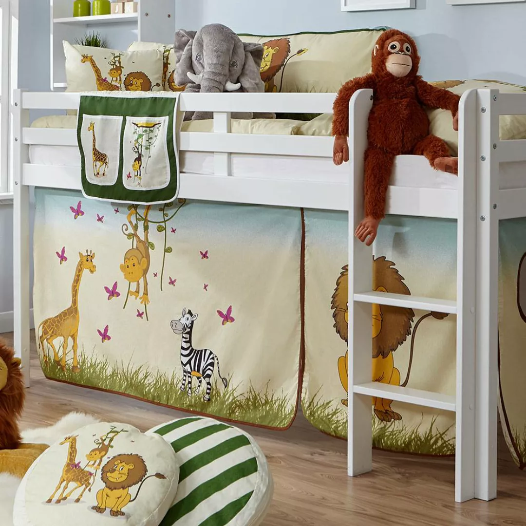 Kinderzimmer Bett aus Buche Massivholz in Weiß Zootier Motiv günstig online kaufen