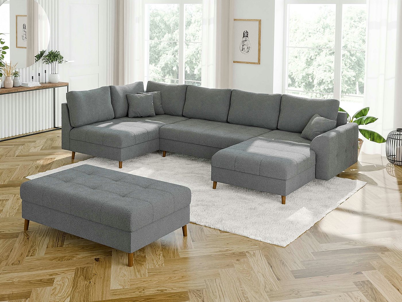 S-Style Möbel Wohnlandschaft Leif mit Schlaffunktion, Hocker und Holzfüßen, günstig online kaufen