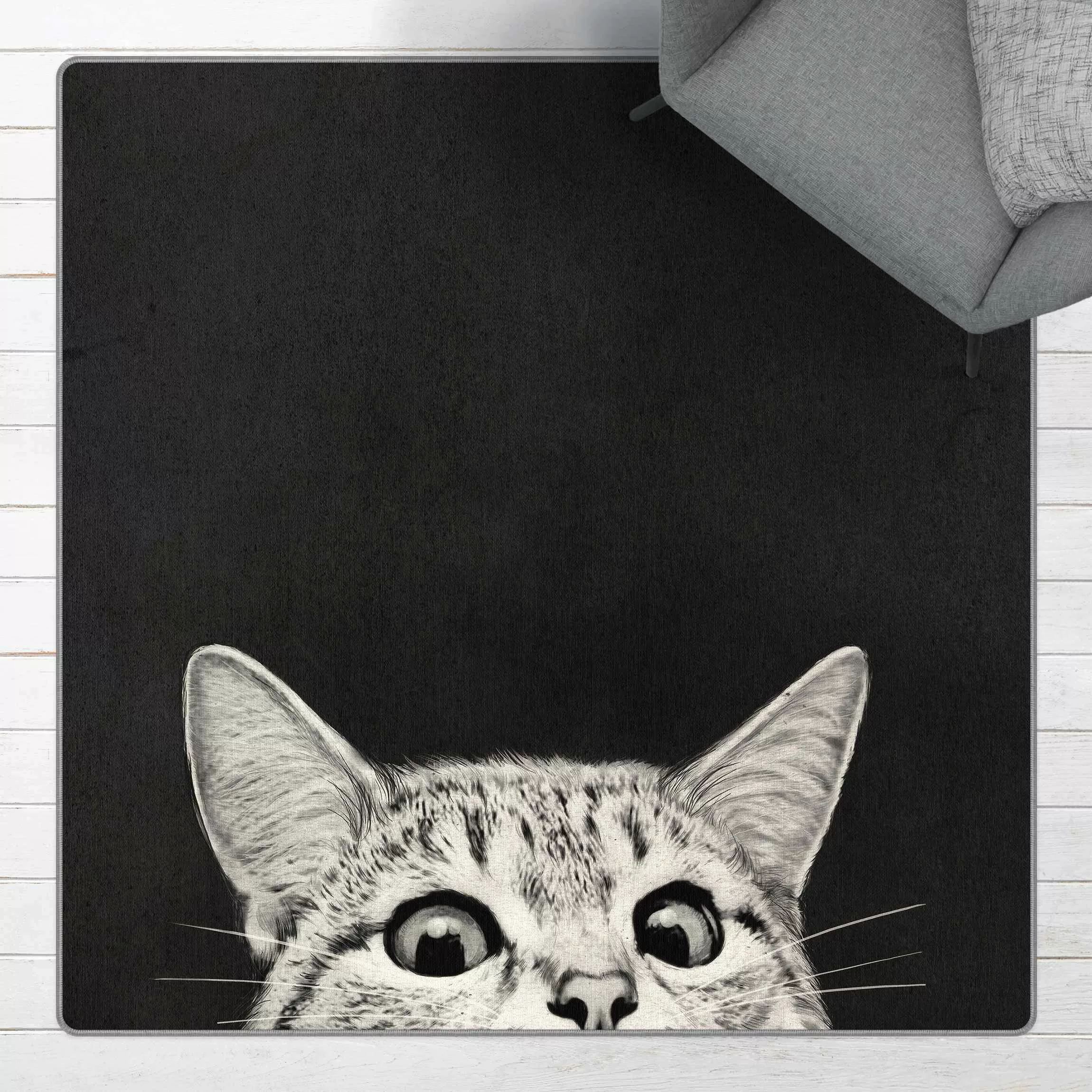 Teppich Illustration Katze Schwarz Weiß Zeichnung günstig online kaufen