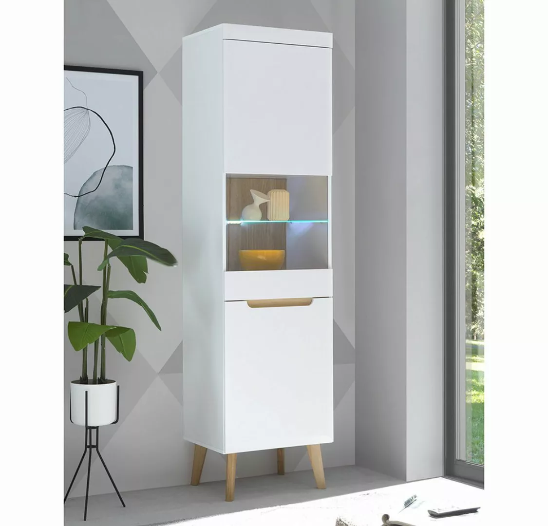 Lomadox Vitrine matt weiß mit Eiche Nb., 2 Türen, Softclose, B/H/T ca. 53/1 günstig online kaufen