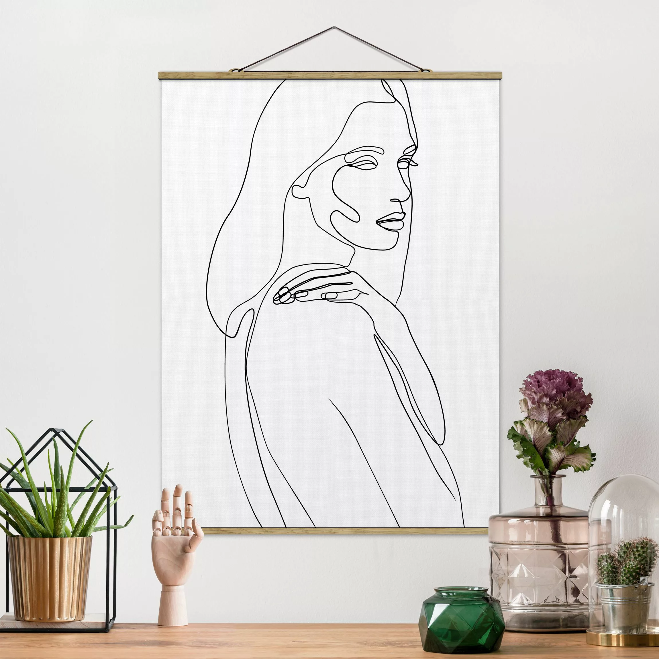 Stoffbild Abstrakt mit Posterleisten - Hochformat Line Art Frau Schulter Sc günstig online kaufen