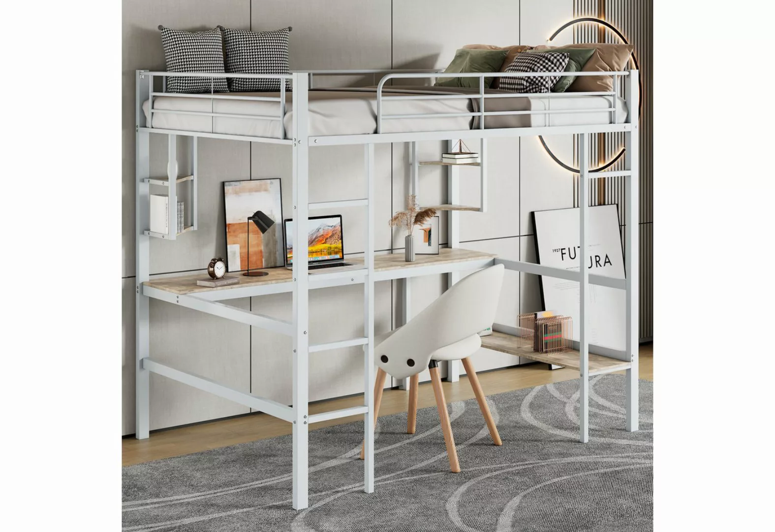 Merax Hochbett mit Schreibtisch und Leiter, Metallbett 90x200cm, Kinderbett günstig online kaufen