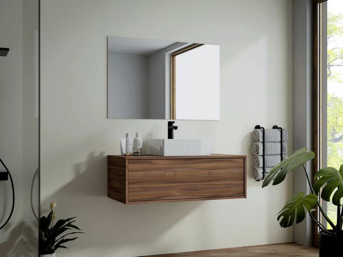 Waschbeckenunterschrank hängend mit Einzelwaschbecken - Holzfarben dunkel - günstig online kaufen