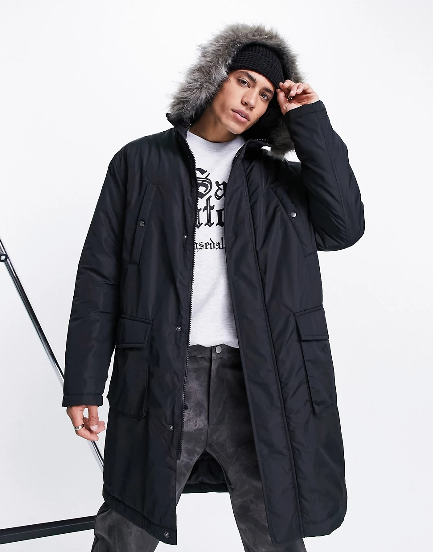 ASOS DESIGN – Langer Parka in Schwarz mit Kapuze mit Kunstpelzbesatz günstig online kaufen