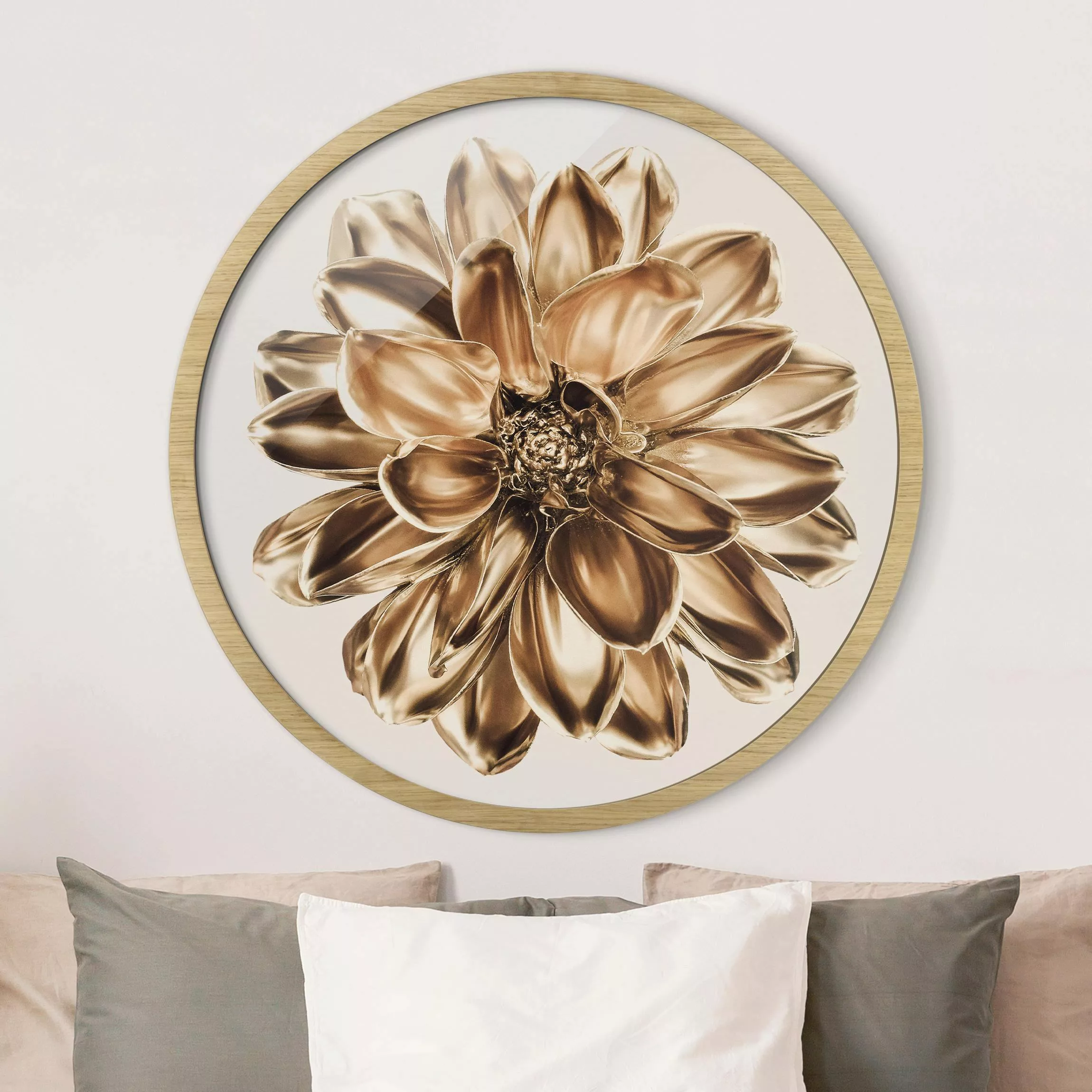 Rundes Gerahmtes Bild Dahlie Blume Gold Metallic günstig online kaufen