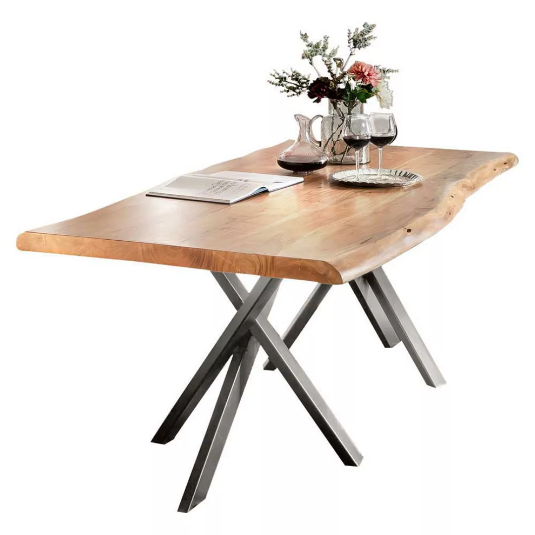Baumkantentisch aus Akazie Massivholz Stahl Silberfarben antik günstig online kaufen