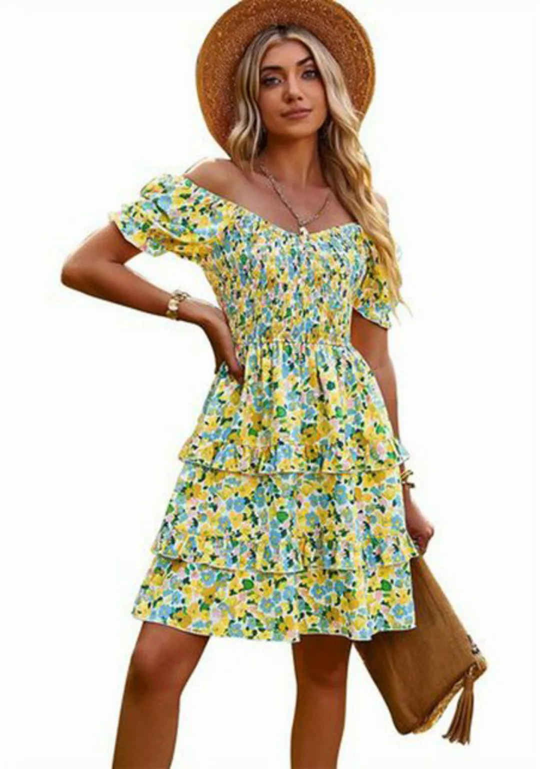 KIKI Sommerkleid Bedrucktes Damen Kleid mit weitem Ausschnitt und offenem R günstig online kaufen