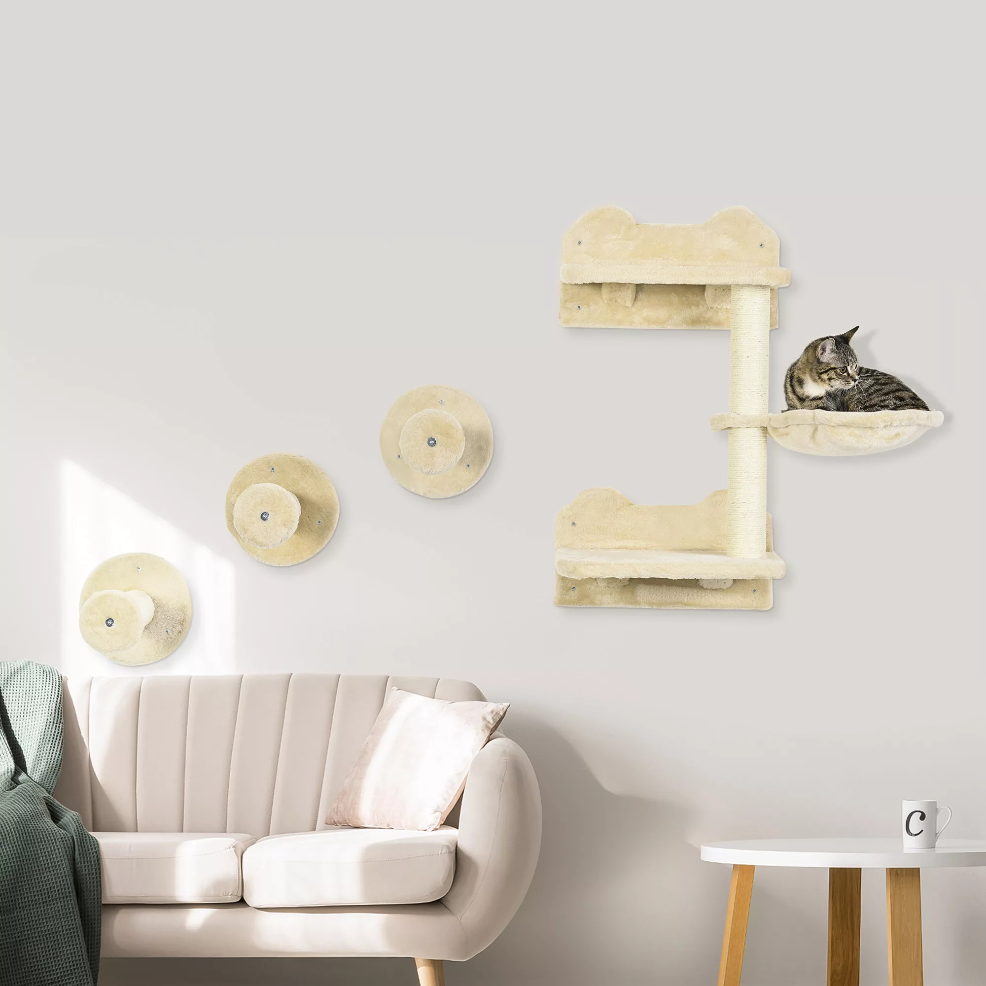 PawHut Katzenkletterwand, inkl. 1 x Sprungturm, 3 x Kratzbäume, Kletterwand günstig online kaufen