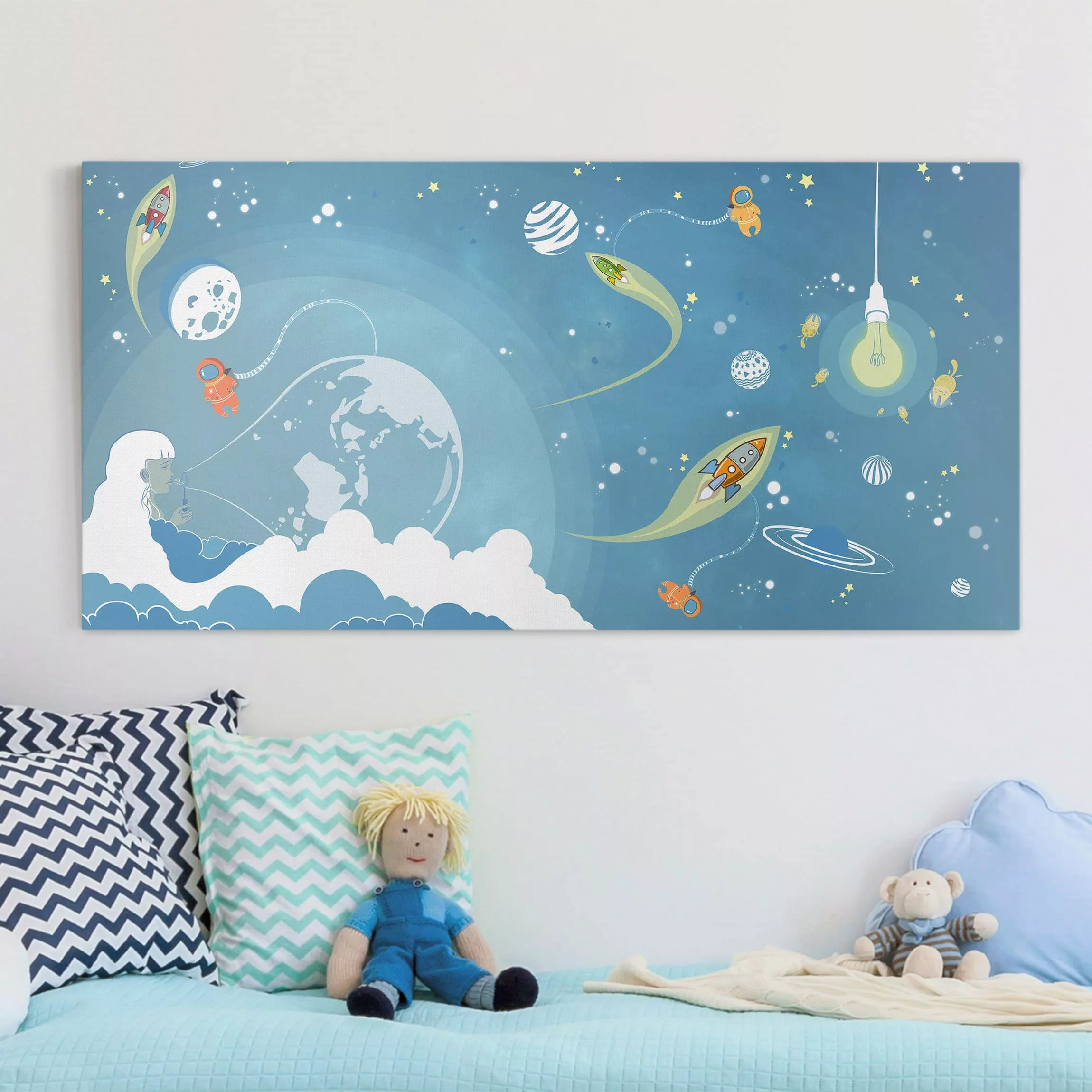 Leinwandbild Kinderzimmer - Querformat Buntes Weltraumtreiben günstig online kaufen