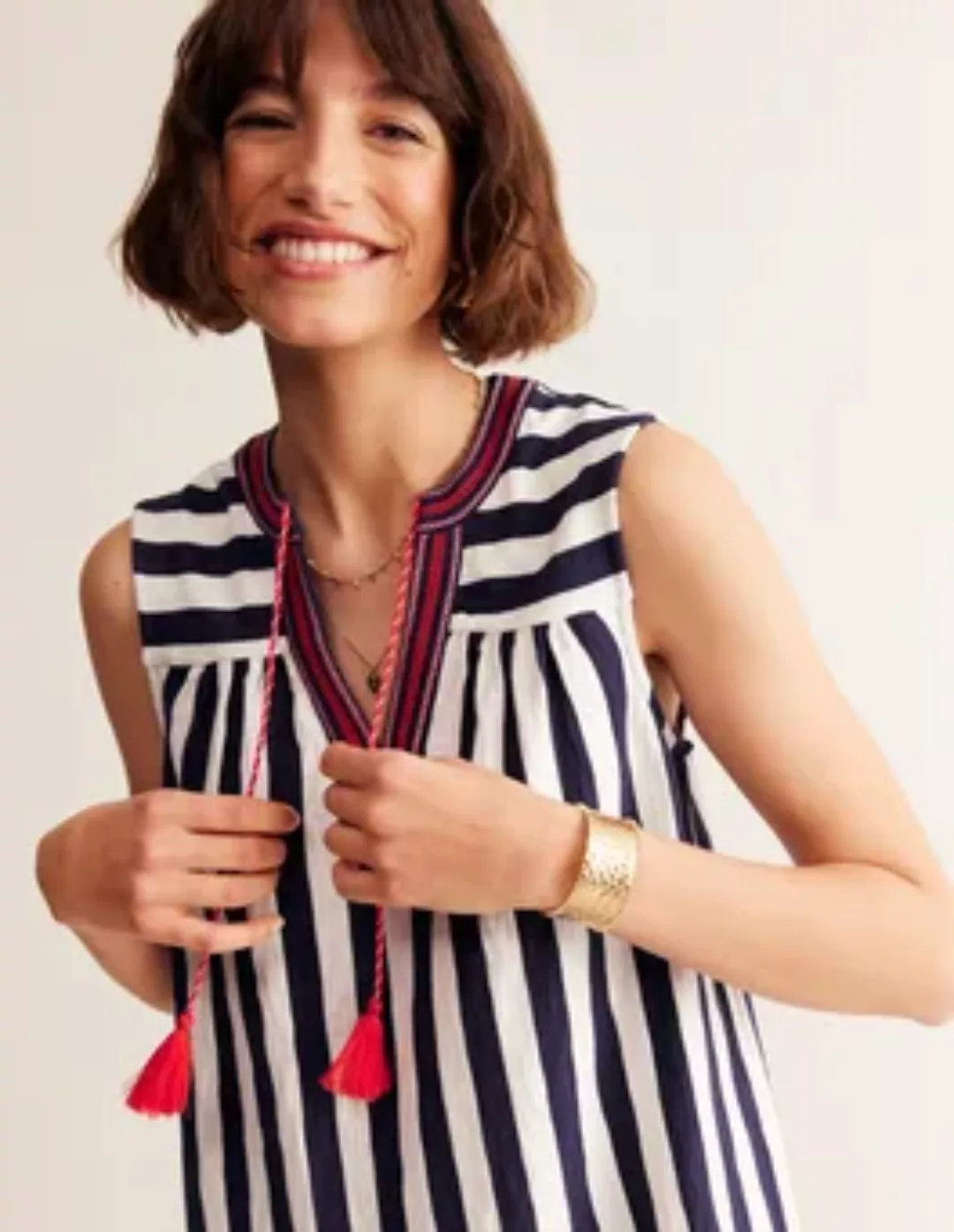 Nadine Baumwollkleid mit Keilausschnitt Damen Boden, Marineblau, Naturweiß günstig online kaufen