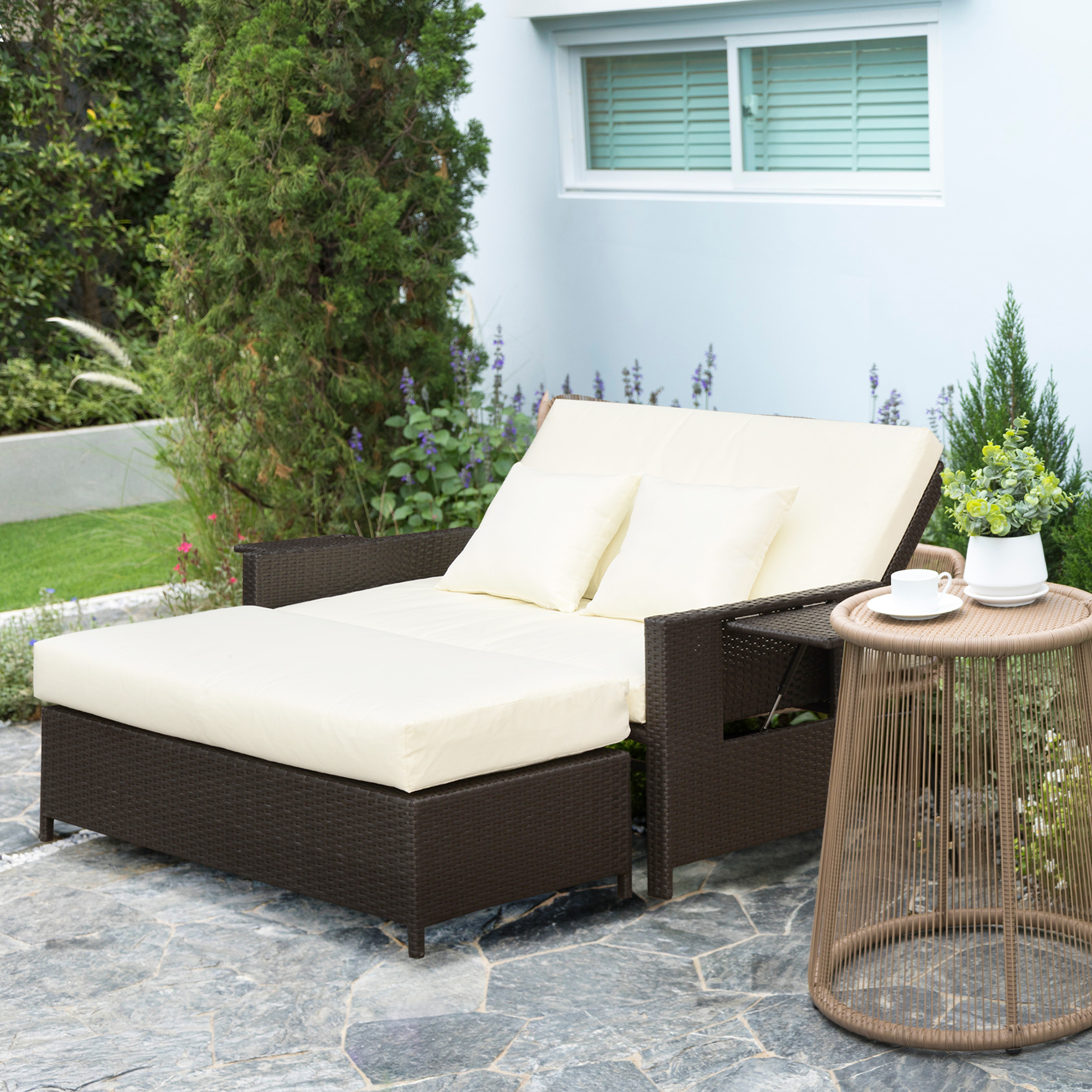 Outsunny Polyrattan Lounge-Sofa Gartensofa 2-Sitzer mit Kissen und Hocker, günstig online kaufen