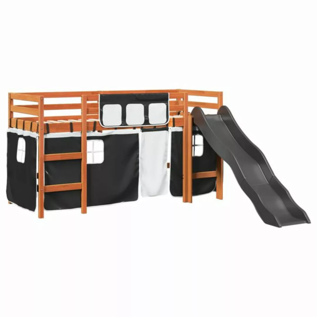 vidaXL Bett Kinderhochbett mit Vorhängen Weiß und Schwarz Massivholz Kiefer günstig online kaufen