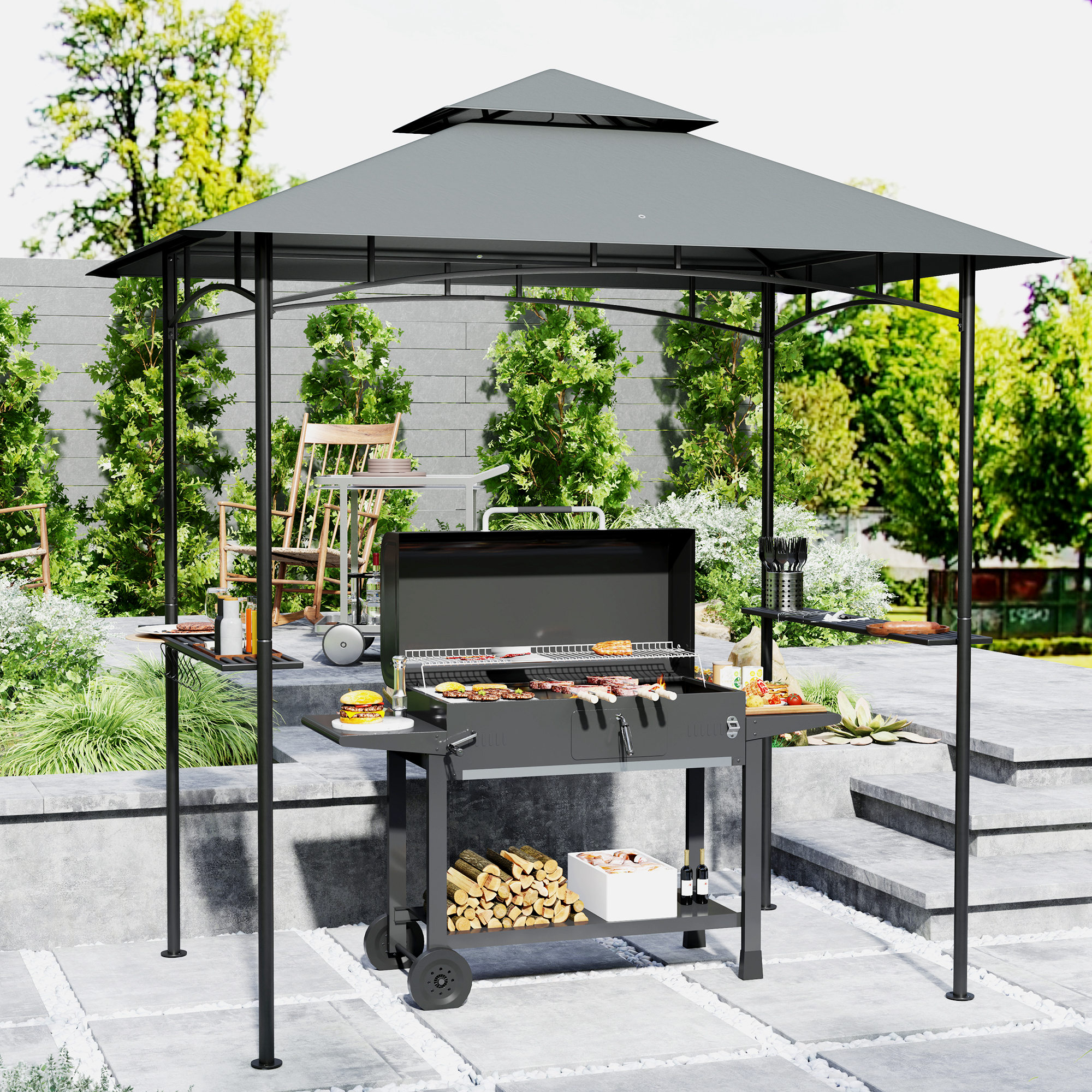 Outsunny Grillpavillon mit LED 240 x 150 x 258 cm wasserabweisend flammhemm günstig online kaufen