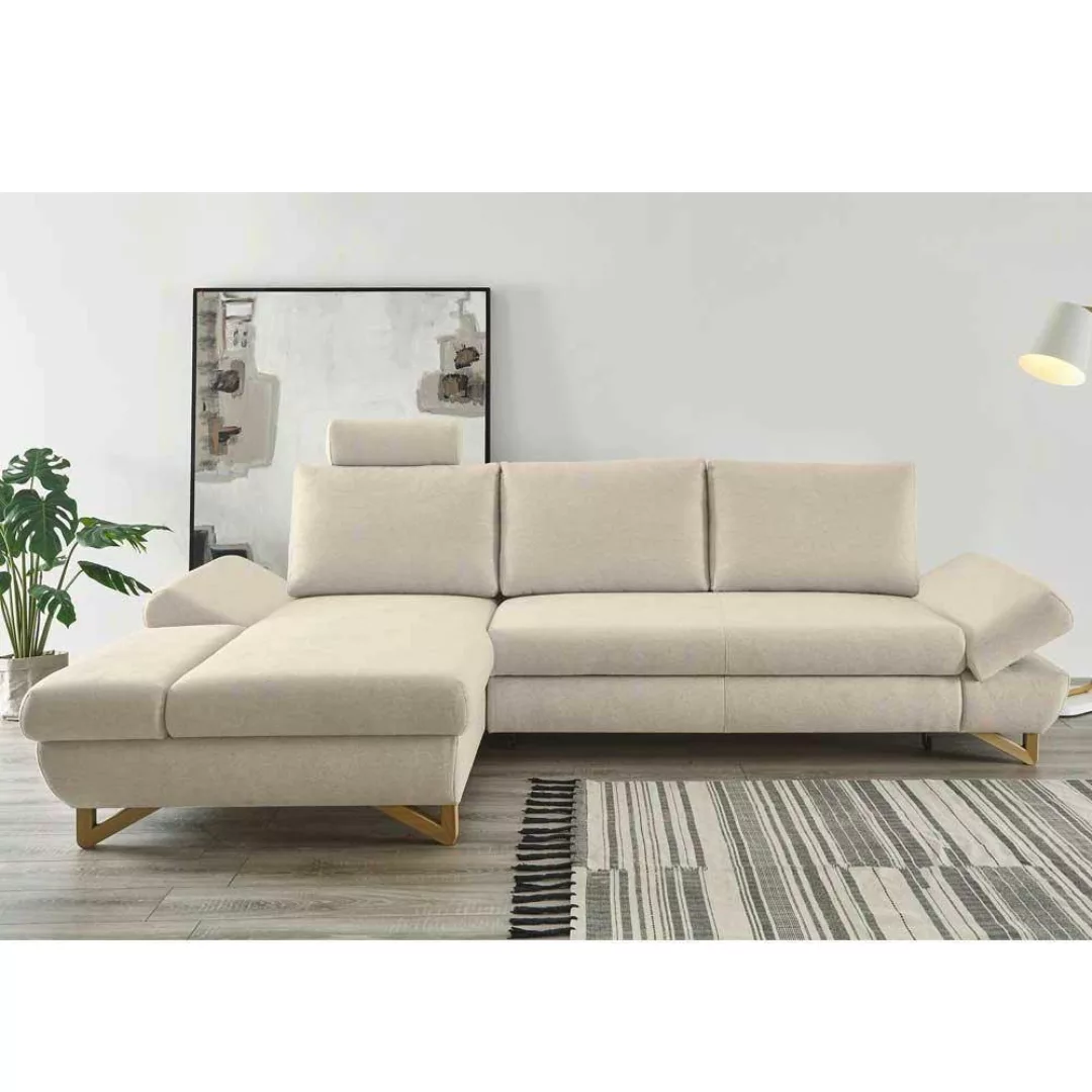 Cremefarbenes Ecksofa aus Velours und Buche Massivholz Skandi Design günstig online kaufen