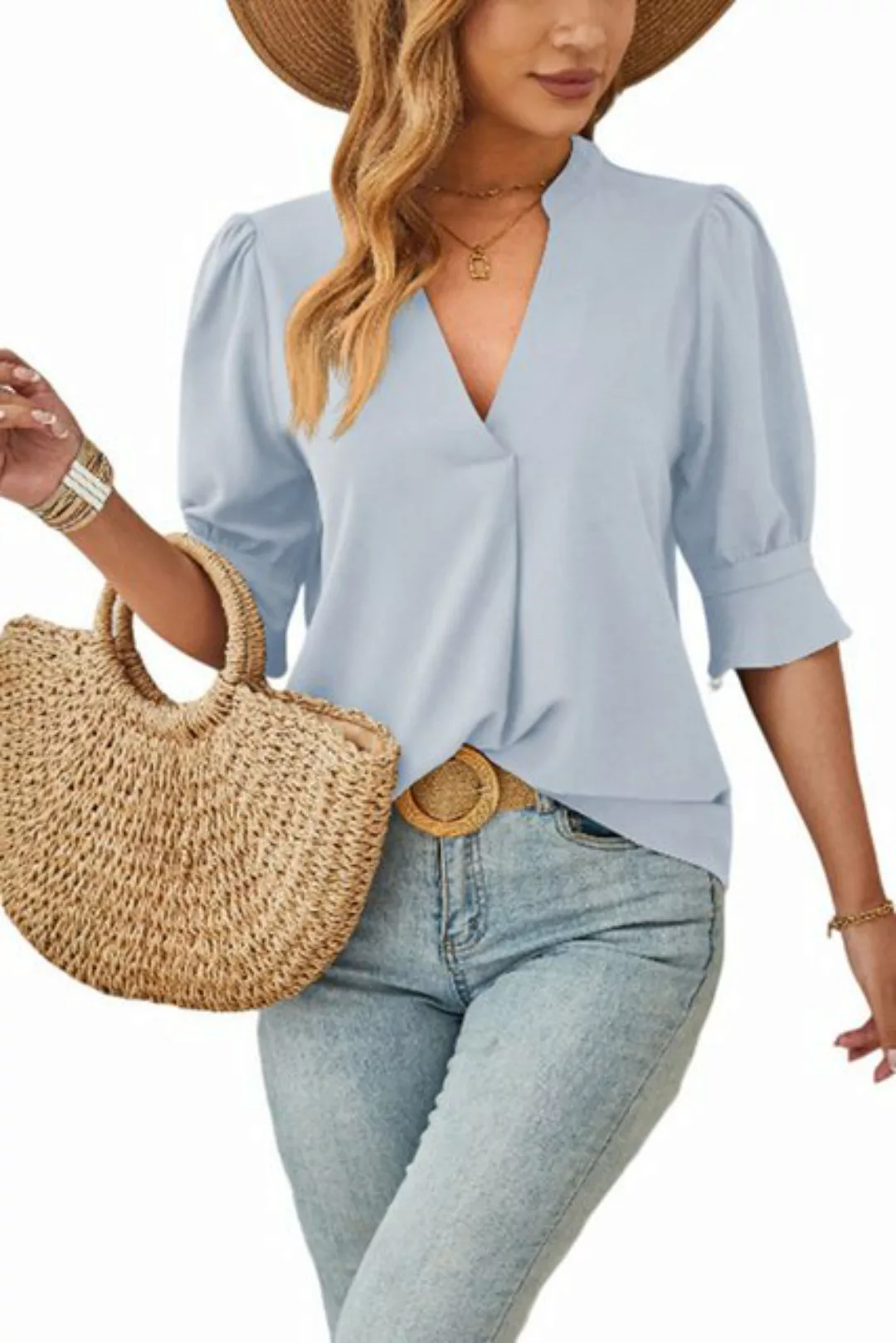JDMGZSR Blusentop Einfarbiges Damen-Shirt mit halblangen Ärmeln und V-Aussc günstig online kaufen
