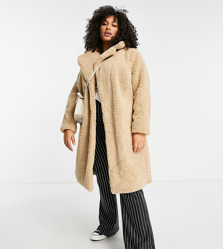New Look Curve – Mantel aus Teddystoff in Camel-Braun günstig online kaufen
