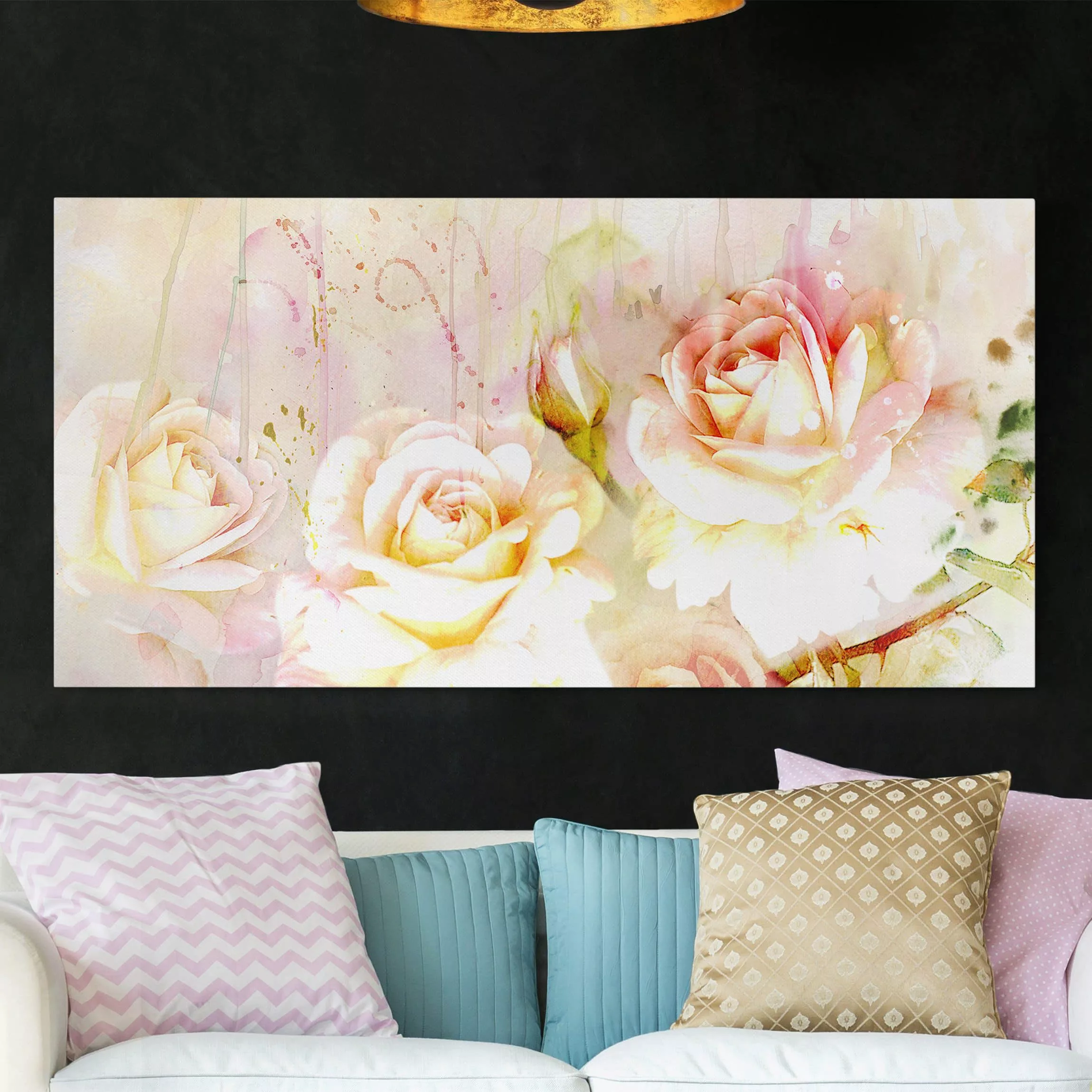 Leinwandbild Blumen - Querformat Aquarell Blumen Rosen günstig online kaufen