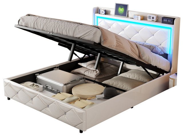 FUROKOY Polsterbett Stauraumbett Doppelbett Luftdruck-Hubstange mit LED-Bel günstig online kaufen