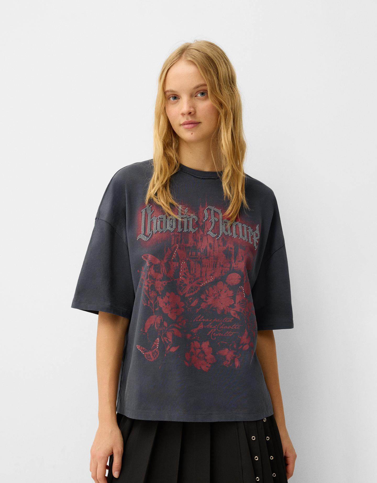 Bershka Oversize-T-Shirt Mit Print Damen Xs Dunkelgrau günstig online kaufen