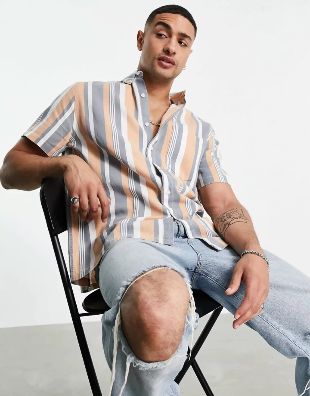 ASOS DESIGN ‑ Legeres Hemd mit Button-Down-Kragen, Streifen und Vintage-Was günstig online kaufen