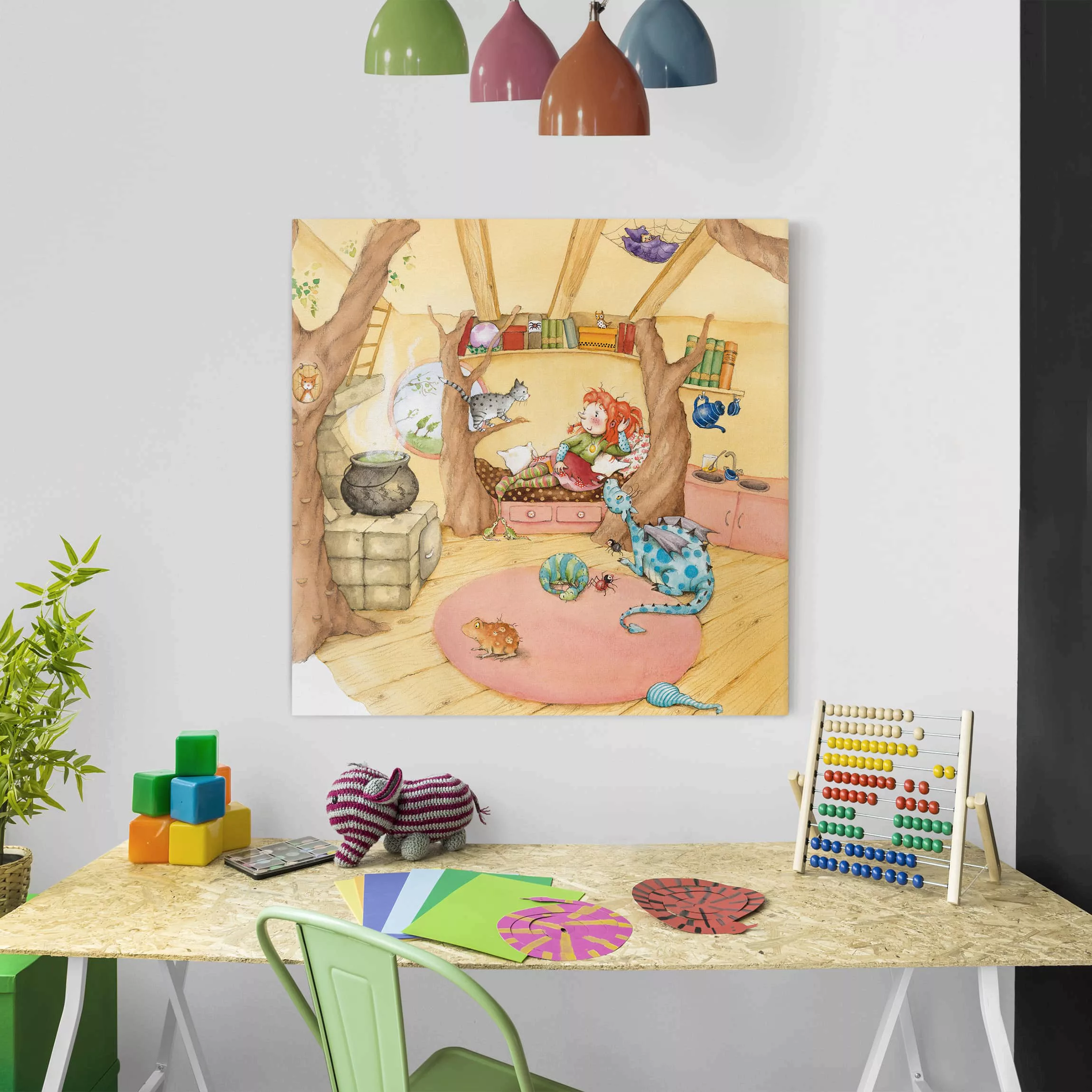 Leinwandbild Kinderzimmer - Quadrat Frida die kleine Waldhexe - Frida erzäh günstig online kaufen