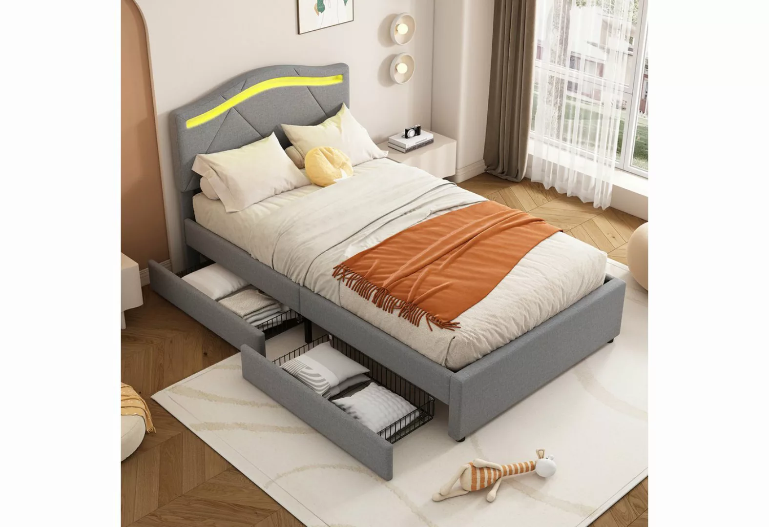 Gotagee Polsterbett Einzelbett Jugendbett 90x200 Stauraumbett Leinen Latten günstig online kaufen