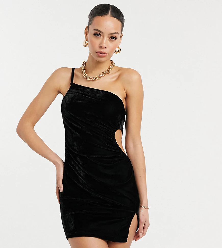 Parisian Tall – Samtkleid in Schwarz mit One-Shoulder-Träger und Zieraussch günstig online kaufen