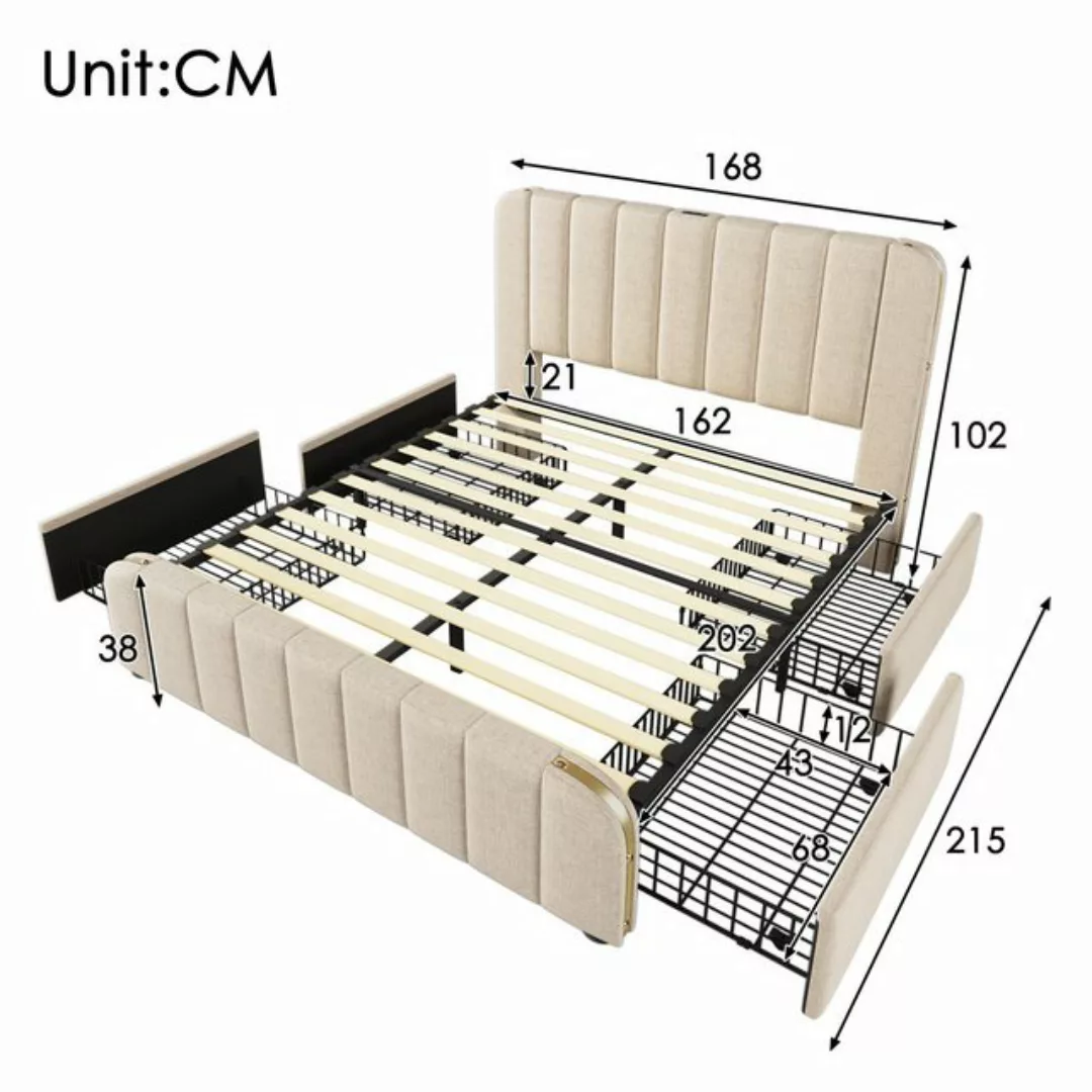 HAUSS SPLOE Polsterbett 160X200 mit 4 Schubladen, goldenen Zierstreifen, Be günstig online kaufen