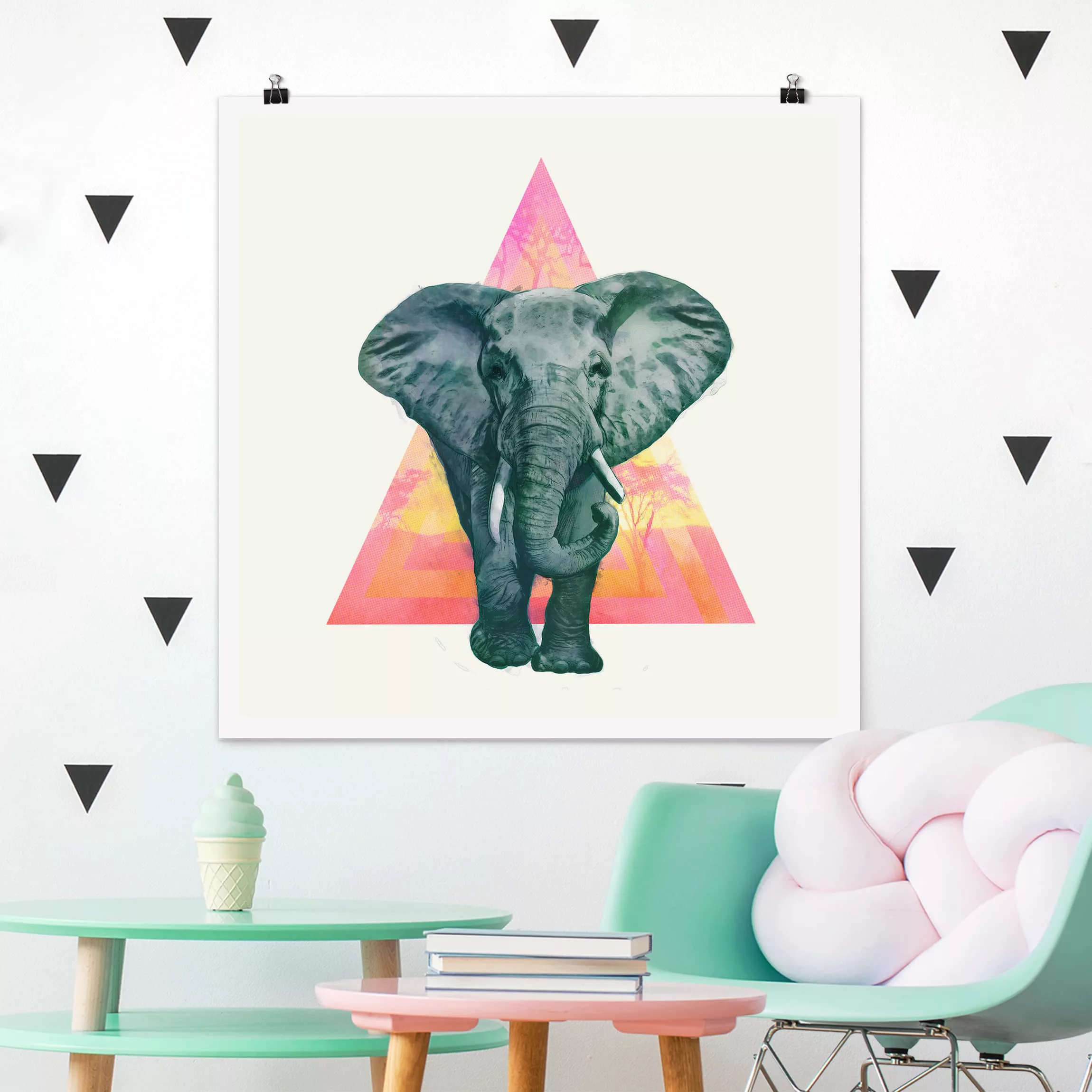 Poster Tiere - Quadrat Illustration Elefant vor Dreieck Malerei günstig online kaufen