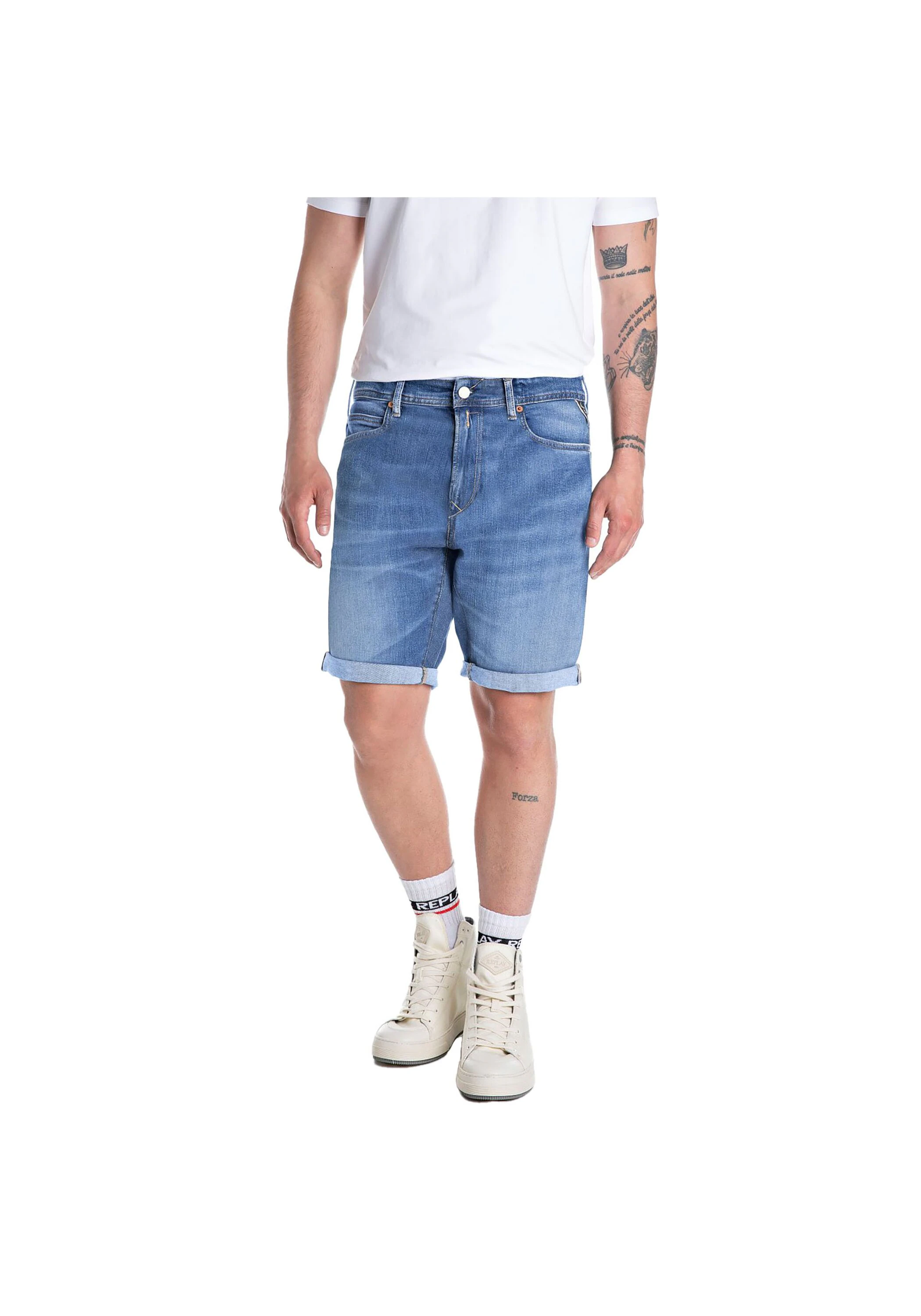 Replay Herren Short RBJ.981 SHORT - Tapered Fit - Blau Schwarz Beige günstig online kaufen