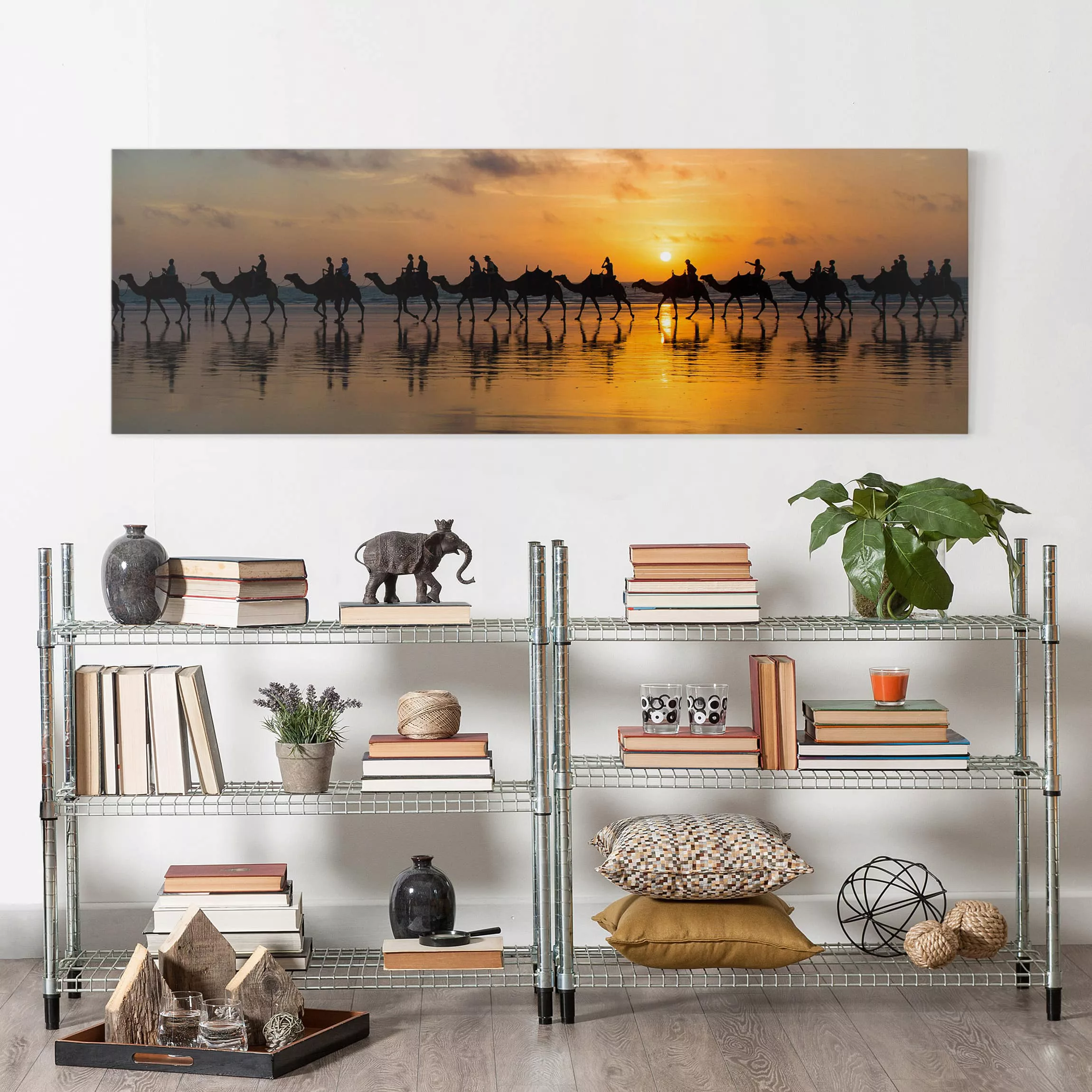 Leinwandbild - Panorama Kamele im Sonnenuntergang günstig online kaufen