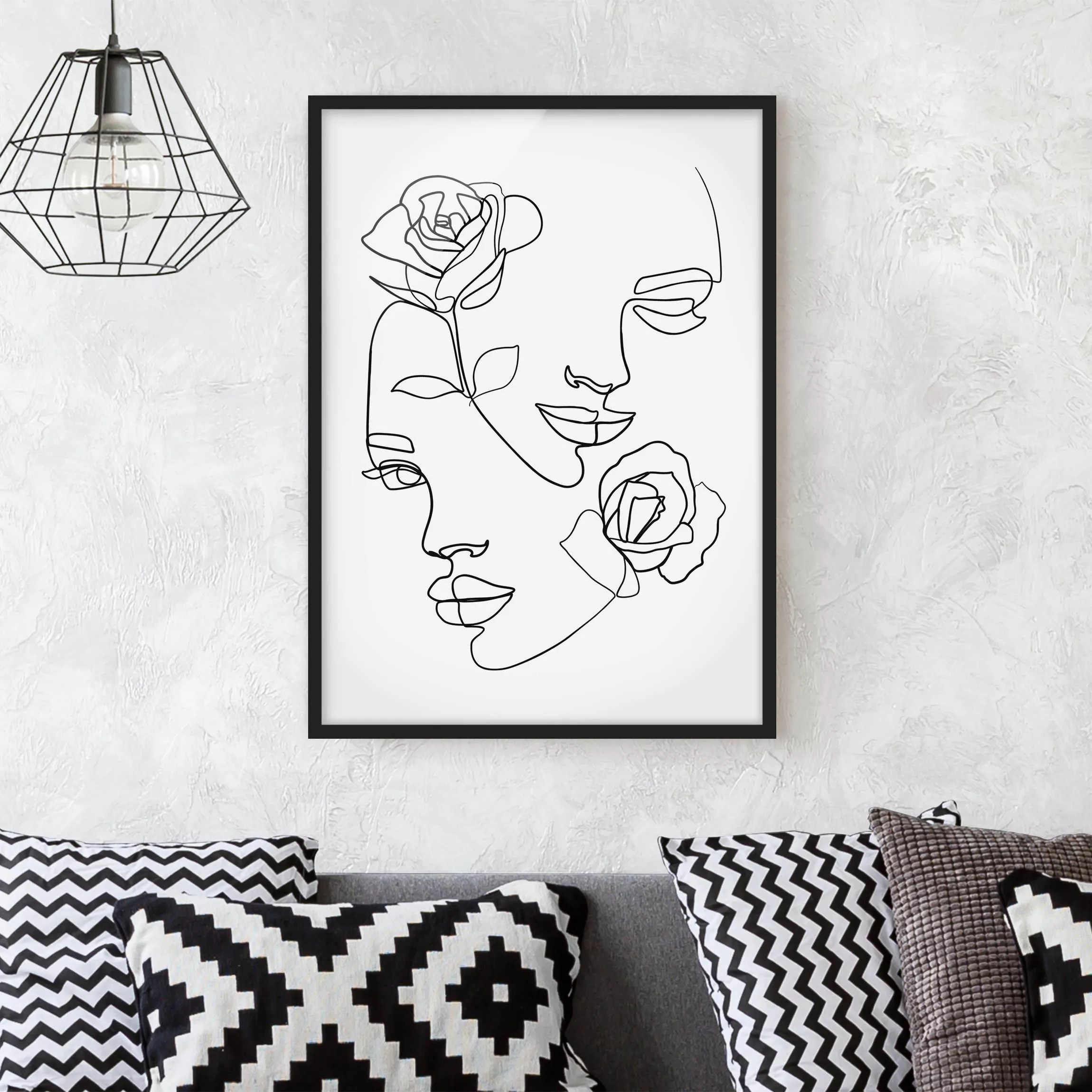 Bild mit Rahmen Schwarz-Weiß - Hochformat Line Art Gesichter Frauen Rosen S günstig online kaufen
