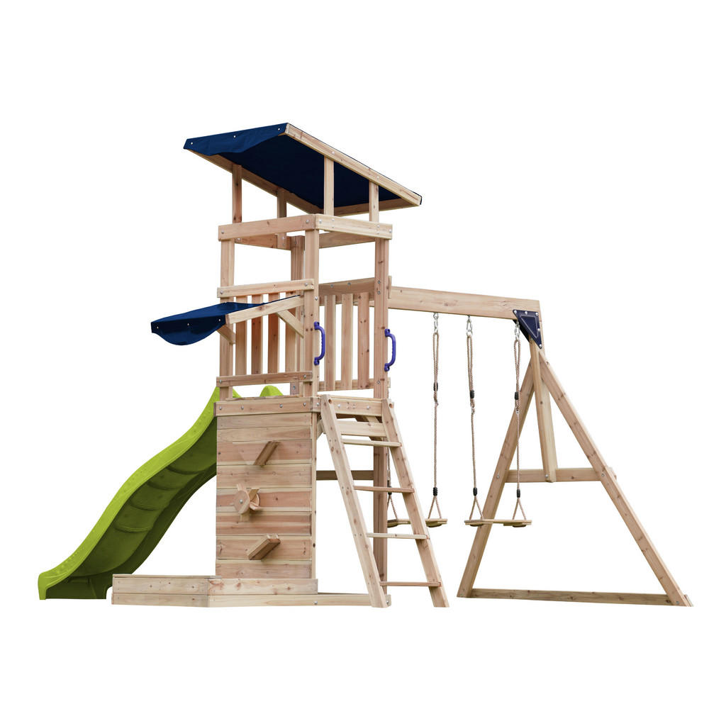 Axi Spielturm Malik mit Doppelschaukel Braun und Rutsche Hellgrün FSC® günstig online kaufen