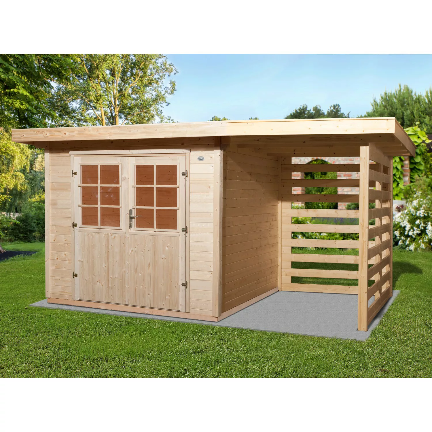 OBI Holz-Gartenhaus La Spezia Natur 385 cm x 209 cm davon 150 cm Anbaudach günstig online kaufen