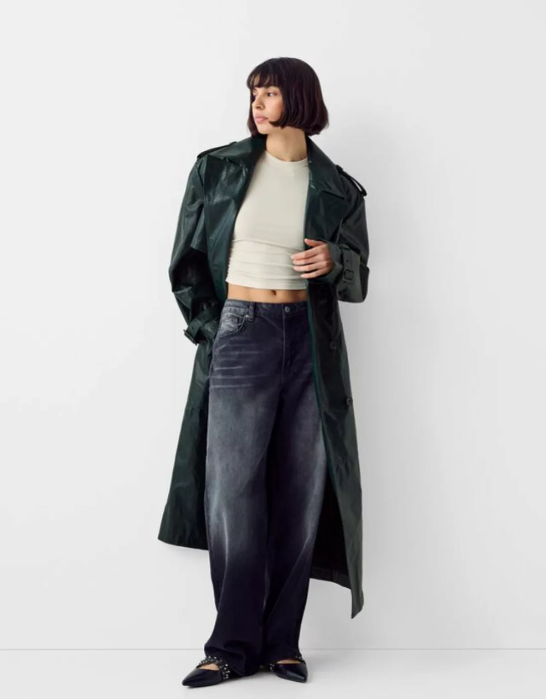 Bershka Extra Langer Trenchcoat Aus Kunstleder Damen Xs Grün günstig online kaufen