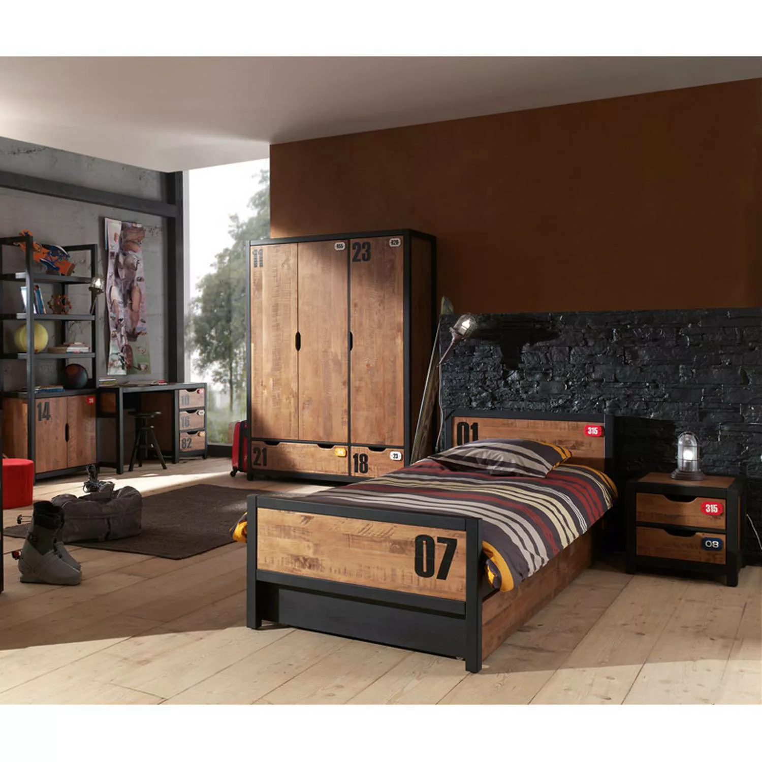Jugendzimmer Set massiv cognacfarbig Nachtkonsole, 90x200cm Einzelbett, Bet günstig online kaufen