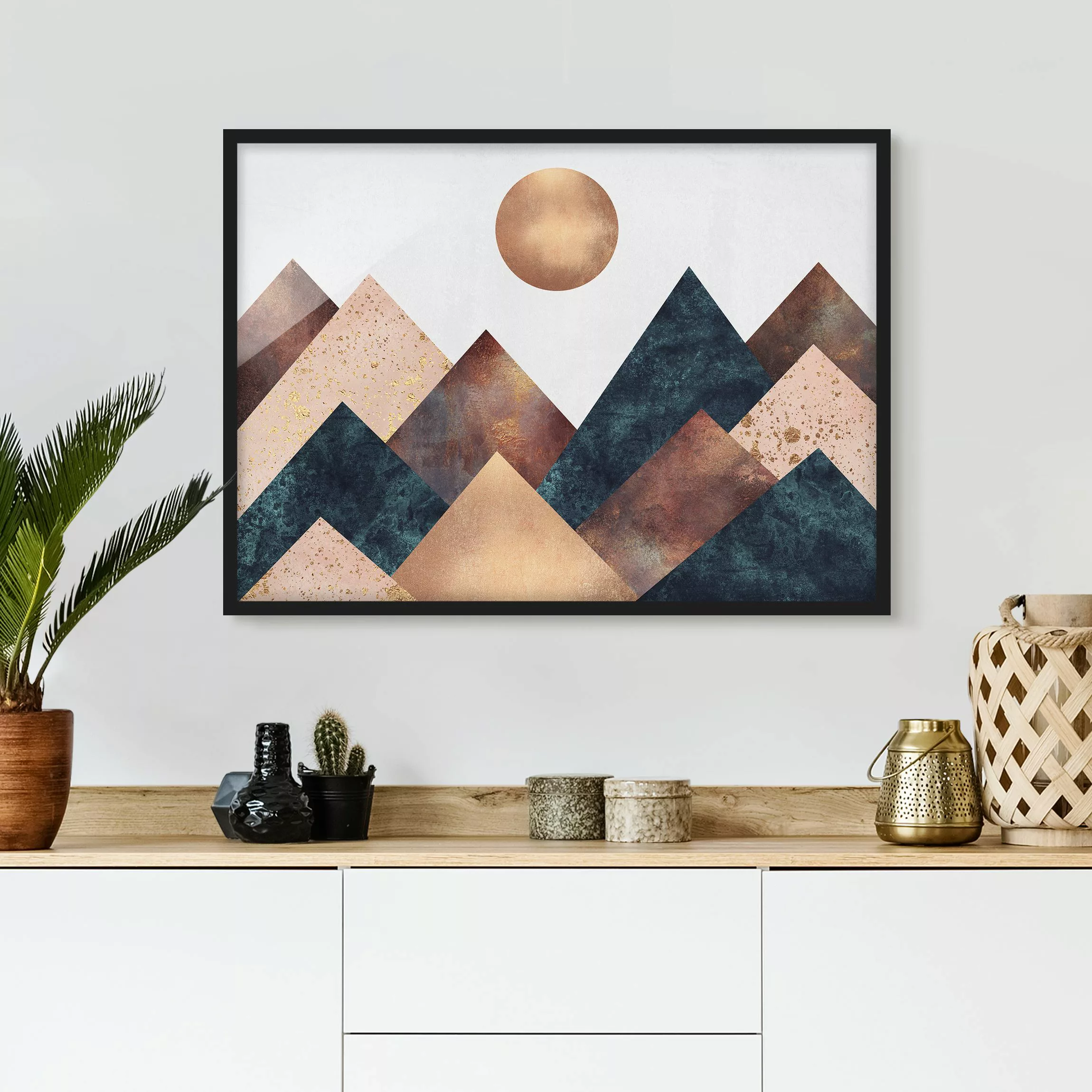 Bild mit Rahmen Abstrakt - Querformat Geometrische Berge Bronze günstig online kaufen