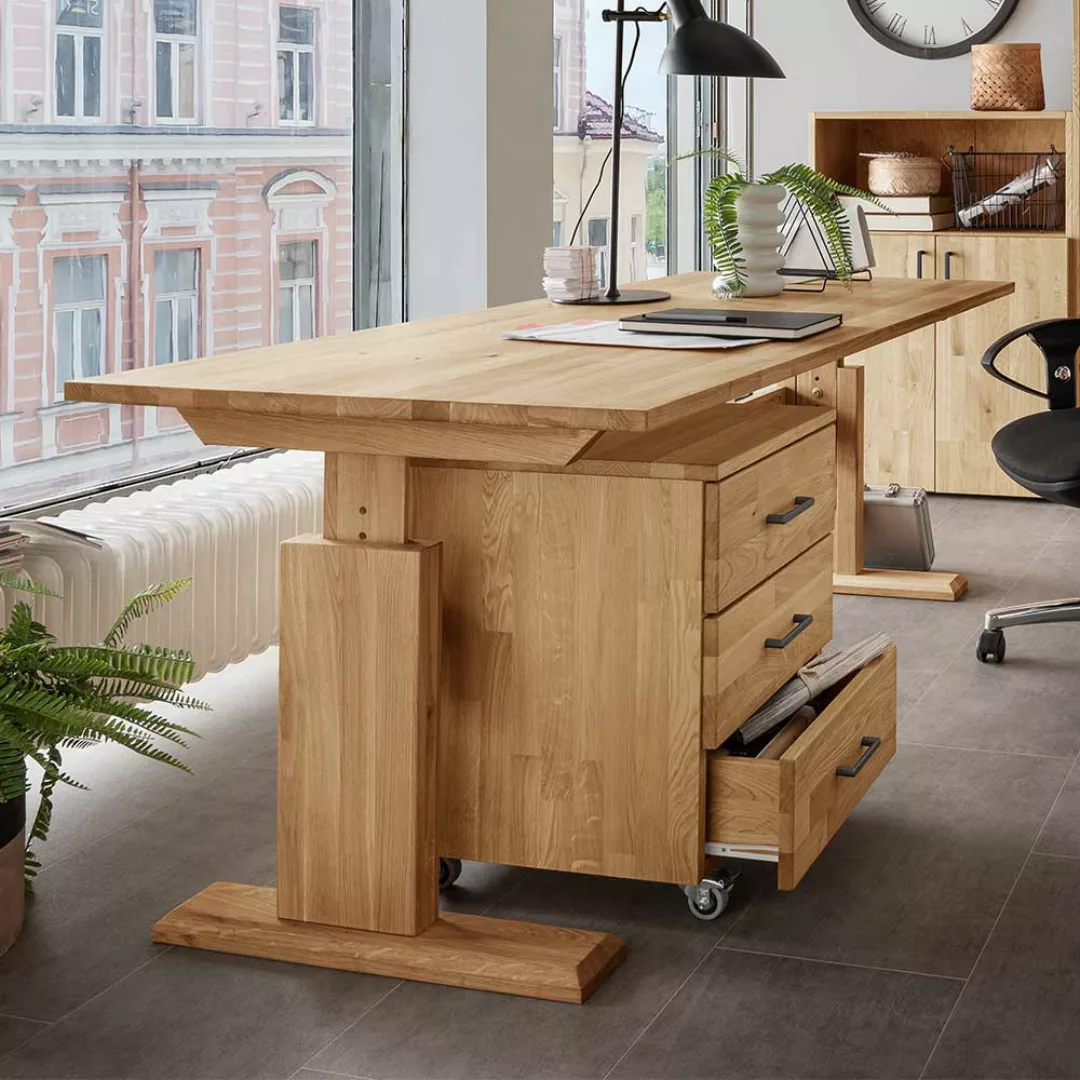 Höhenverstellbarer Schreibtisch Holz in Wildeichefarben 80 cm tief günstig online kaufen