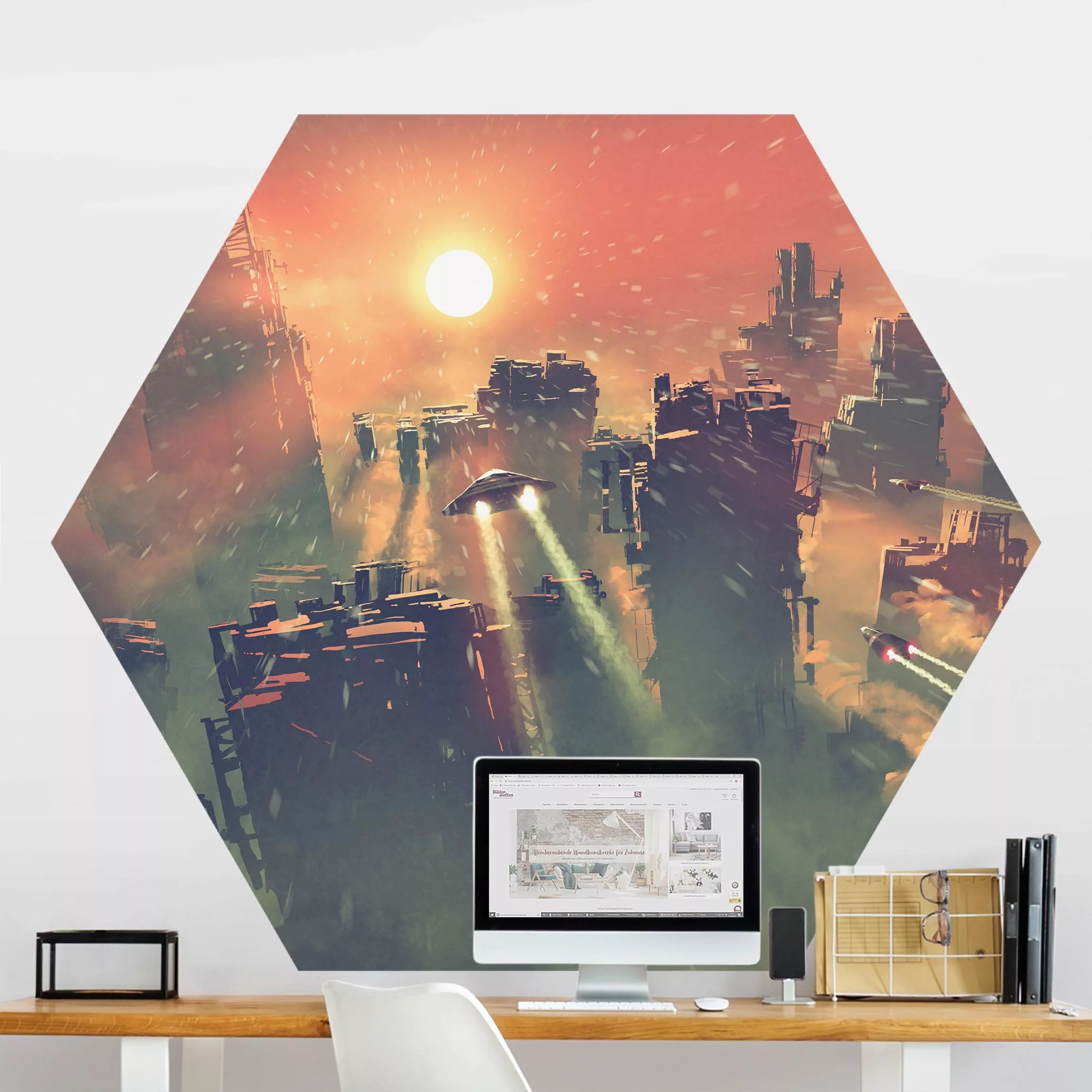 Hexagon Mustertapete selbstklebend Sci-Fi Raumschiffe im Sonnenaufgang günstig online kaufen