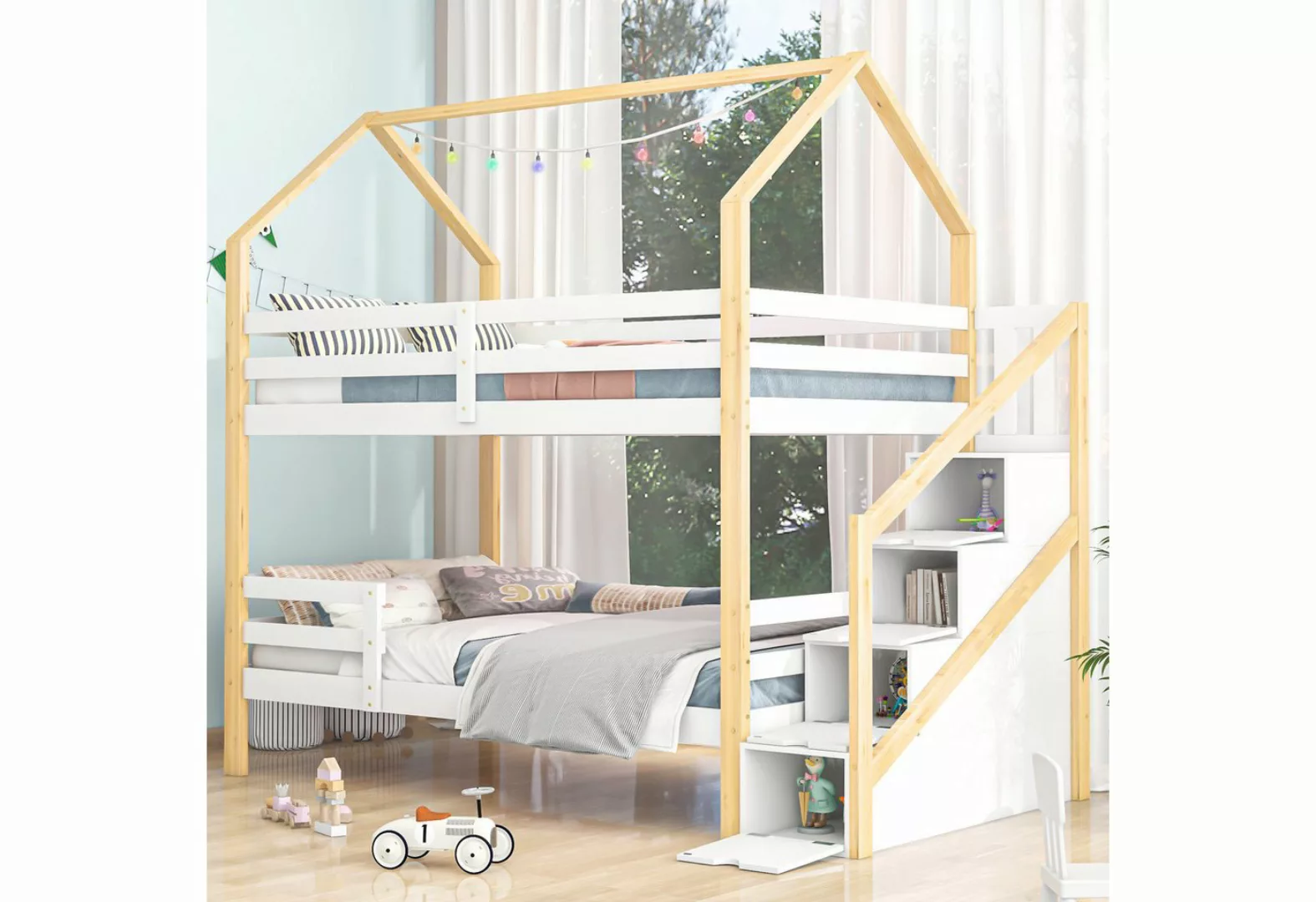 KoDise Etagenbett 90 x 200 cm Kinderbett Bettrahmen mit Leitplanken, Treppe günstig online kaufen