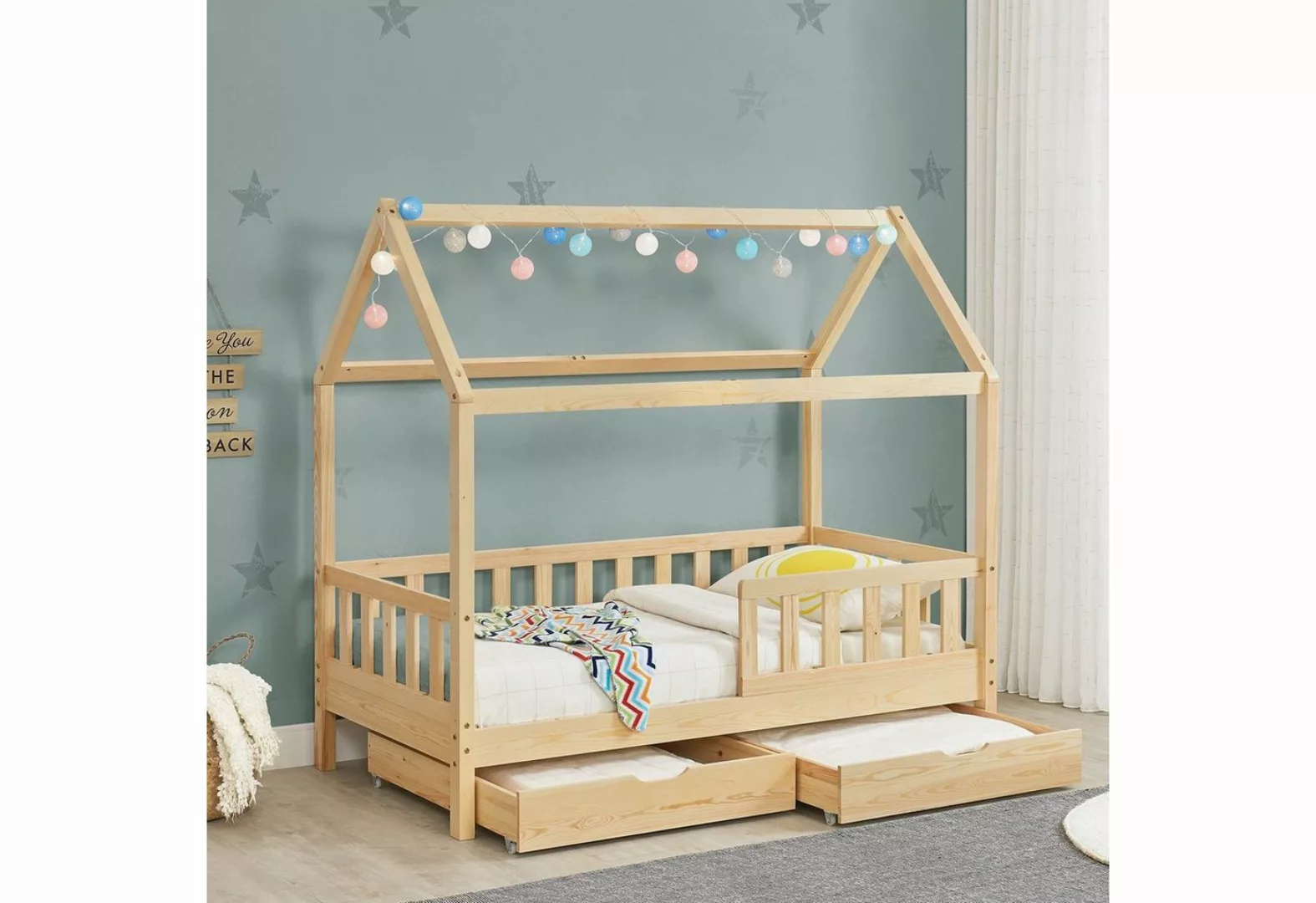 Juskys Kinderbett Marli, 90x200 cm, 3 - 10 Jahre, Rausfallschutz, Bettkaste günstig online kaufen