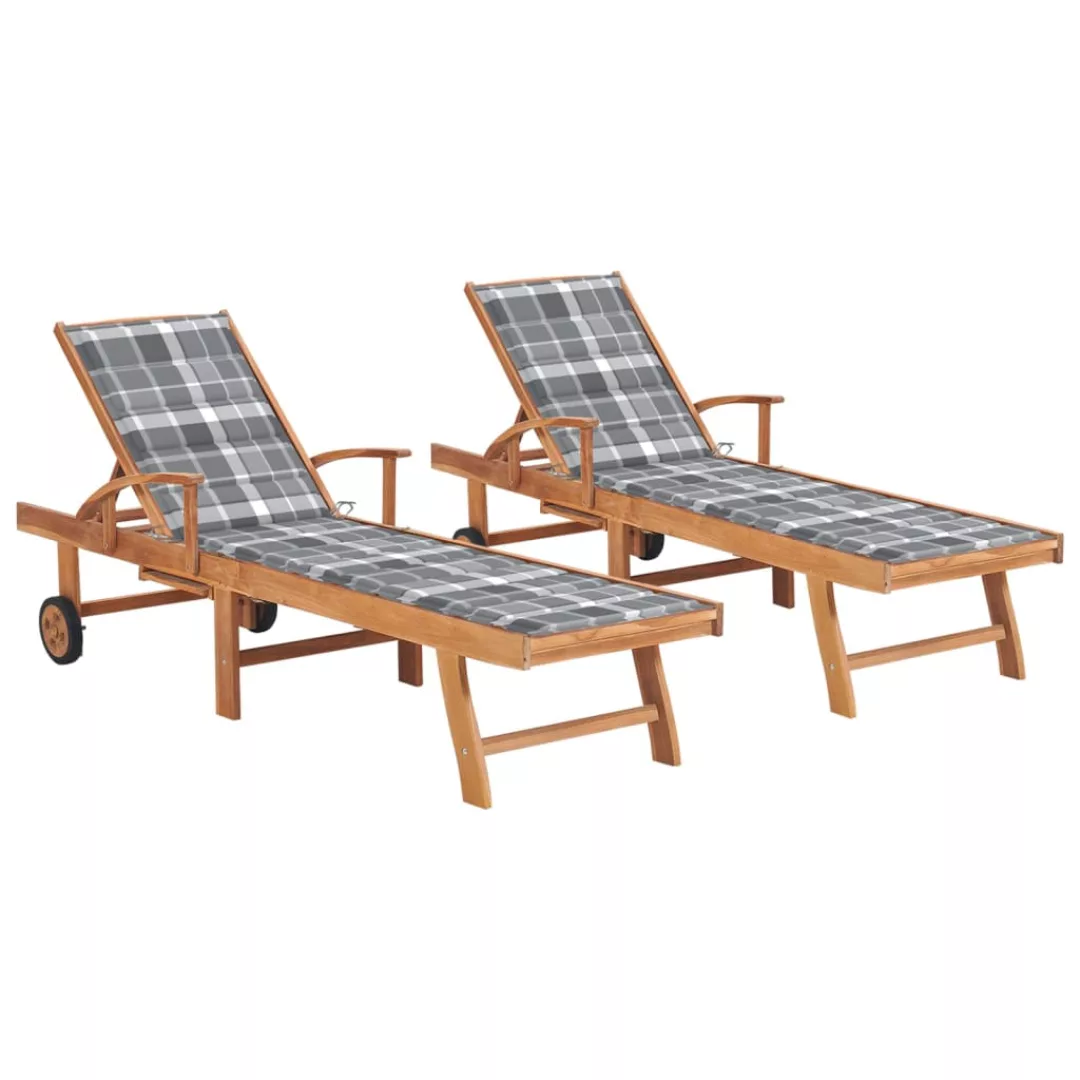 Sonnenliegen 2 Stk Mit Auflagen Grau Karomuster Massivholz Teak günstig online kaufen