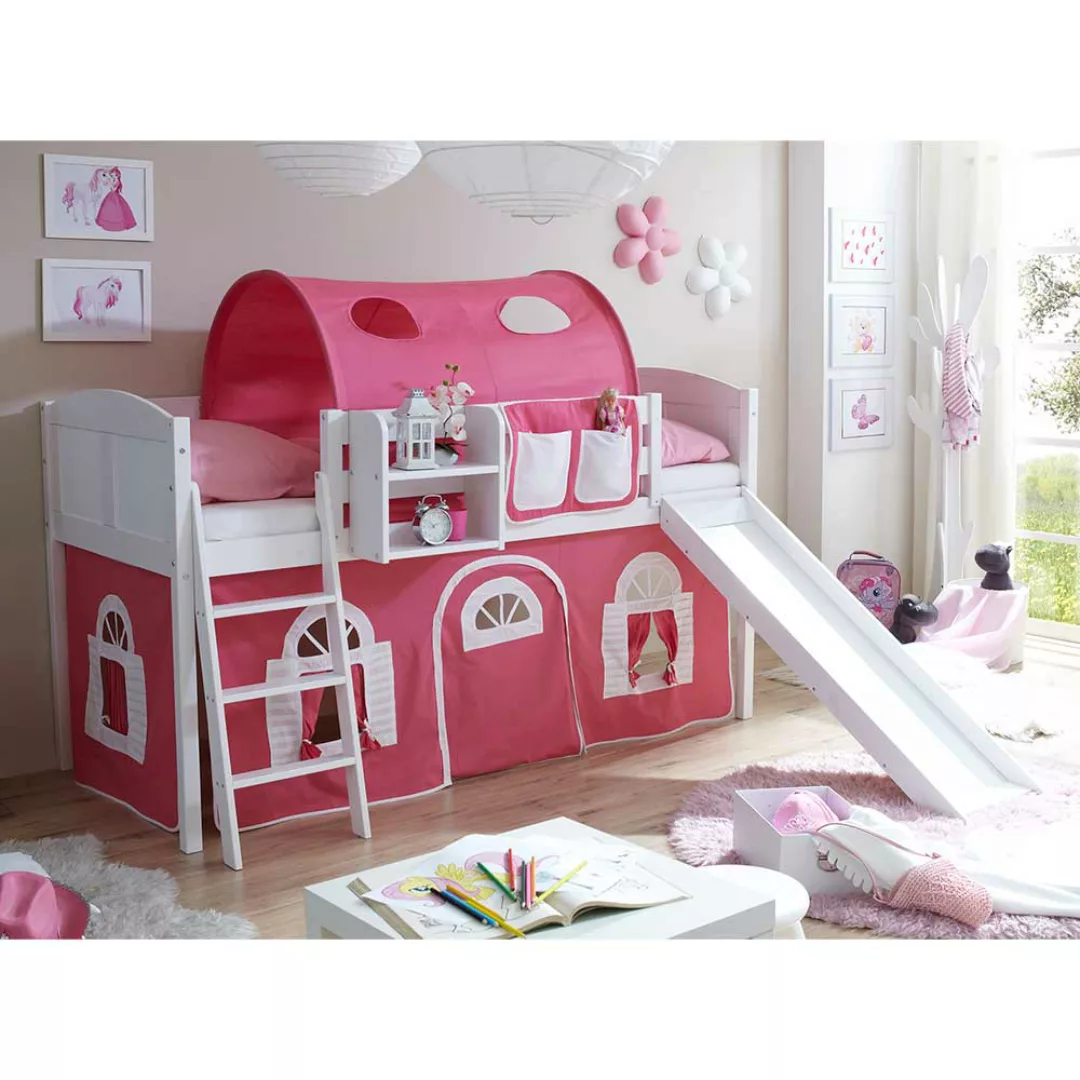 Kinderbett in Weiß und Pink Leiter und Rutsche günstig online kaufen