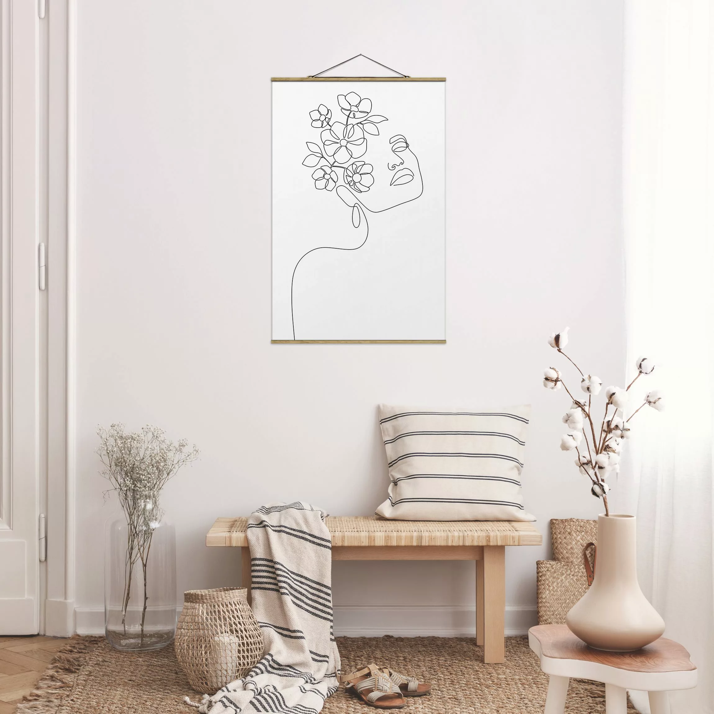 Stoffbild mit Posterleisten Line Art - Dreamy Girl Blossom günstig online kaufen