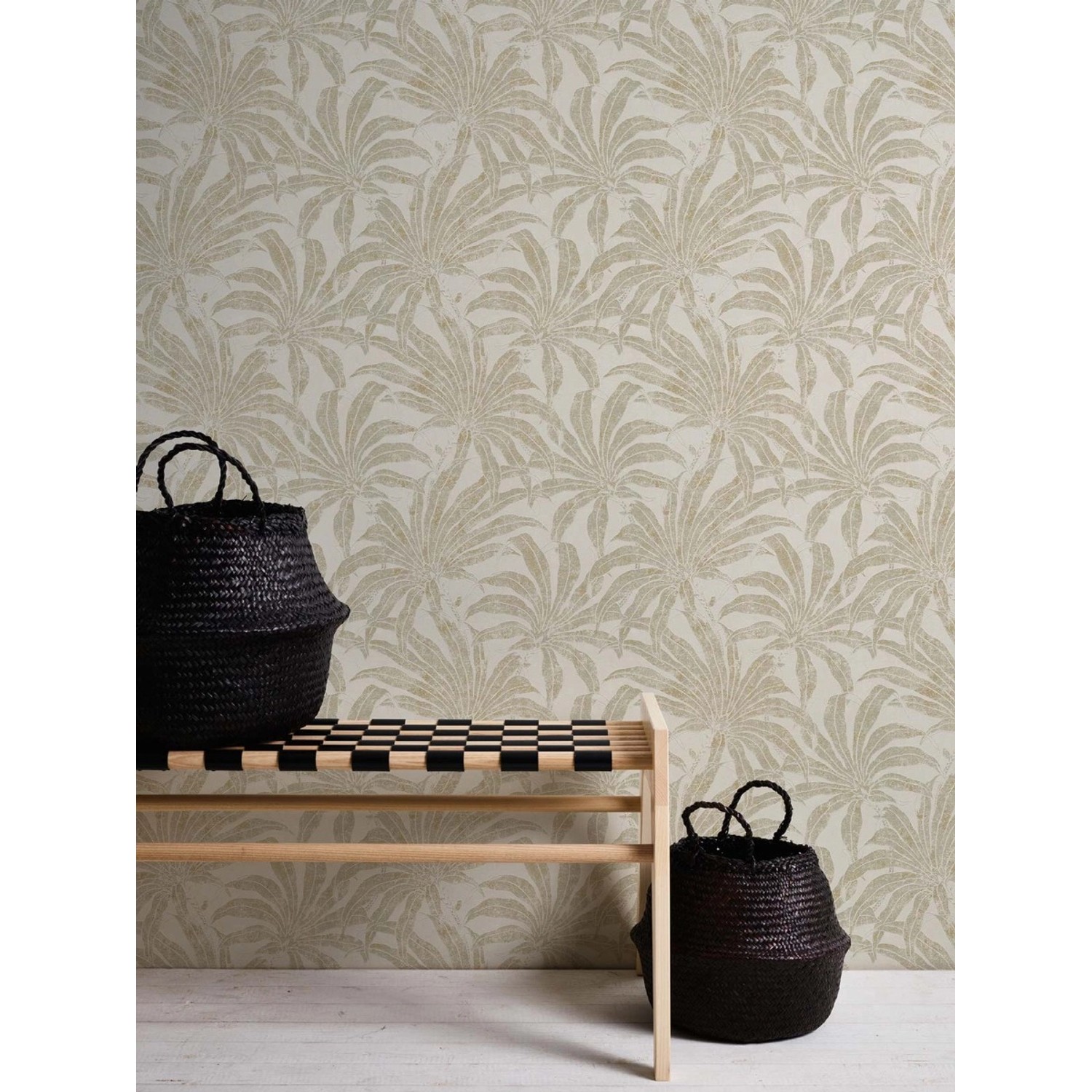 Bricoflor Tapete Weiß Gold mit Muster Asiatische Tapete mit Palmenblättern günstig online kaufen