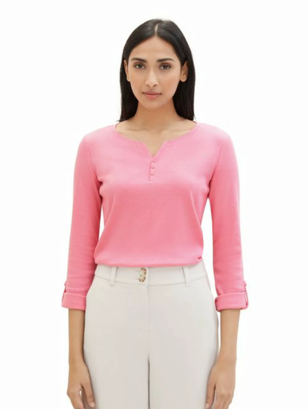 TOM TAILOR T-Shirt Gestreiftes Langarm Shirt mit Henley 5298 in Pink günstig online kaufen