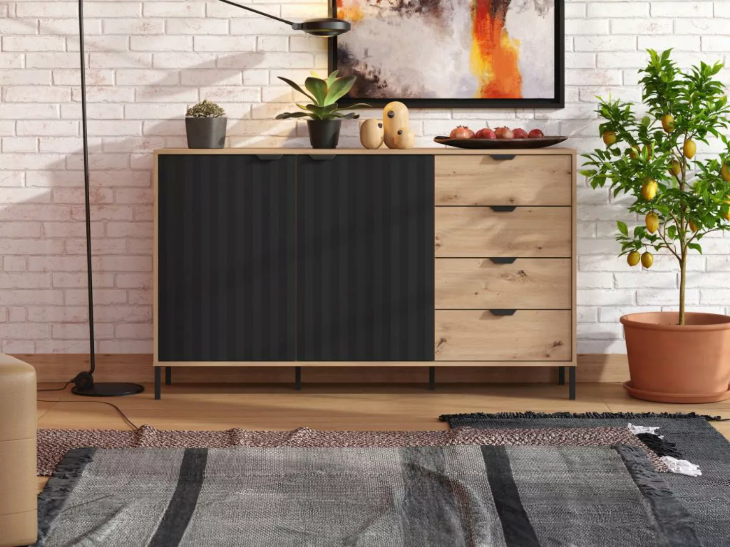 Sideboard mit 2 Türen & 4 Schubladen - Holzfarben & Schwarz - MEVIELA günstig online kaufen