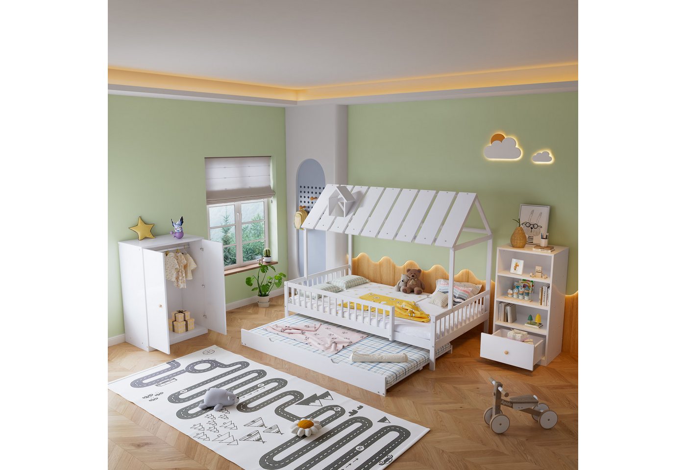 MODFU Kinderbett Hausbett (Komplettschlafzimmer Set, 3-tlg.Hausbett+Kleider günstig online kaufen