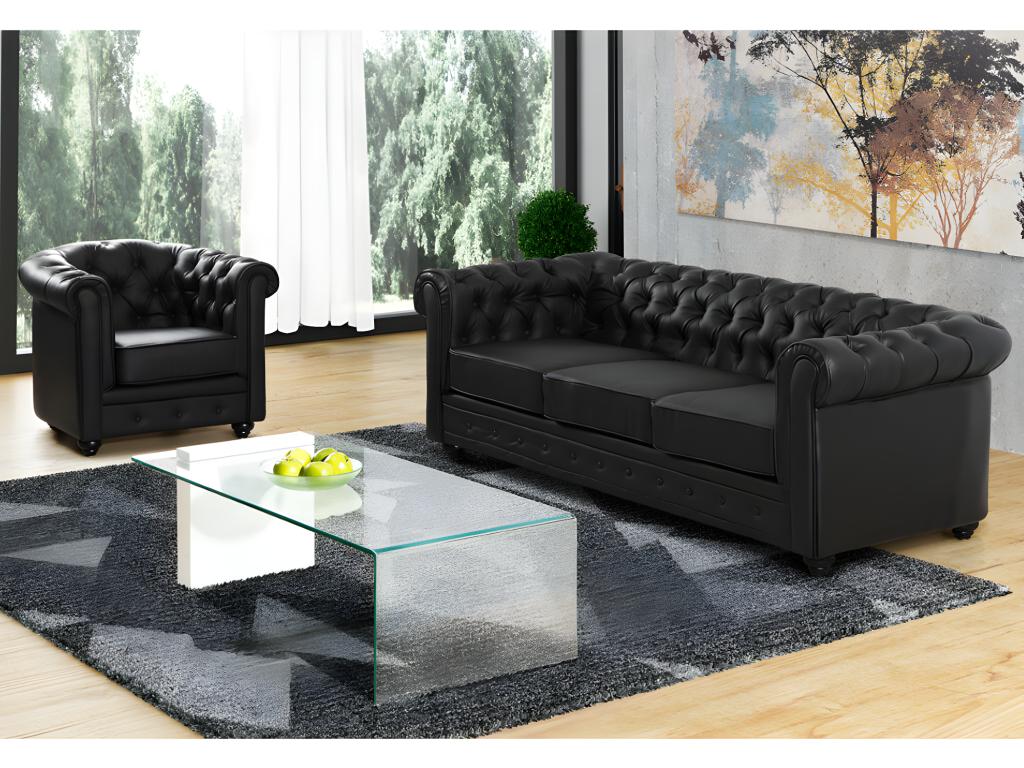 Sofa 3-Sitzer und Sessel - Kunstleder - Schwarz - CHESTERFIELD günstig online kaufen